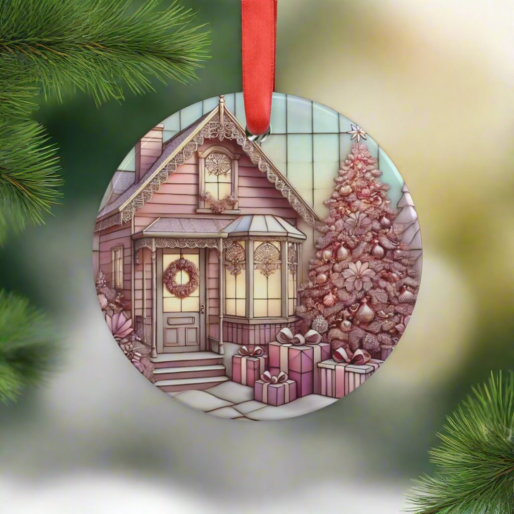 Vintage Pink Christmas House Ornament - Acrylic with Ribbon Perfect Holiday Decor, Unique Christmas Gift Idea, Pastel Holiday Decoration, Cozy Home Tree Design - MRSBYVALLE