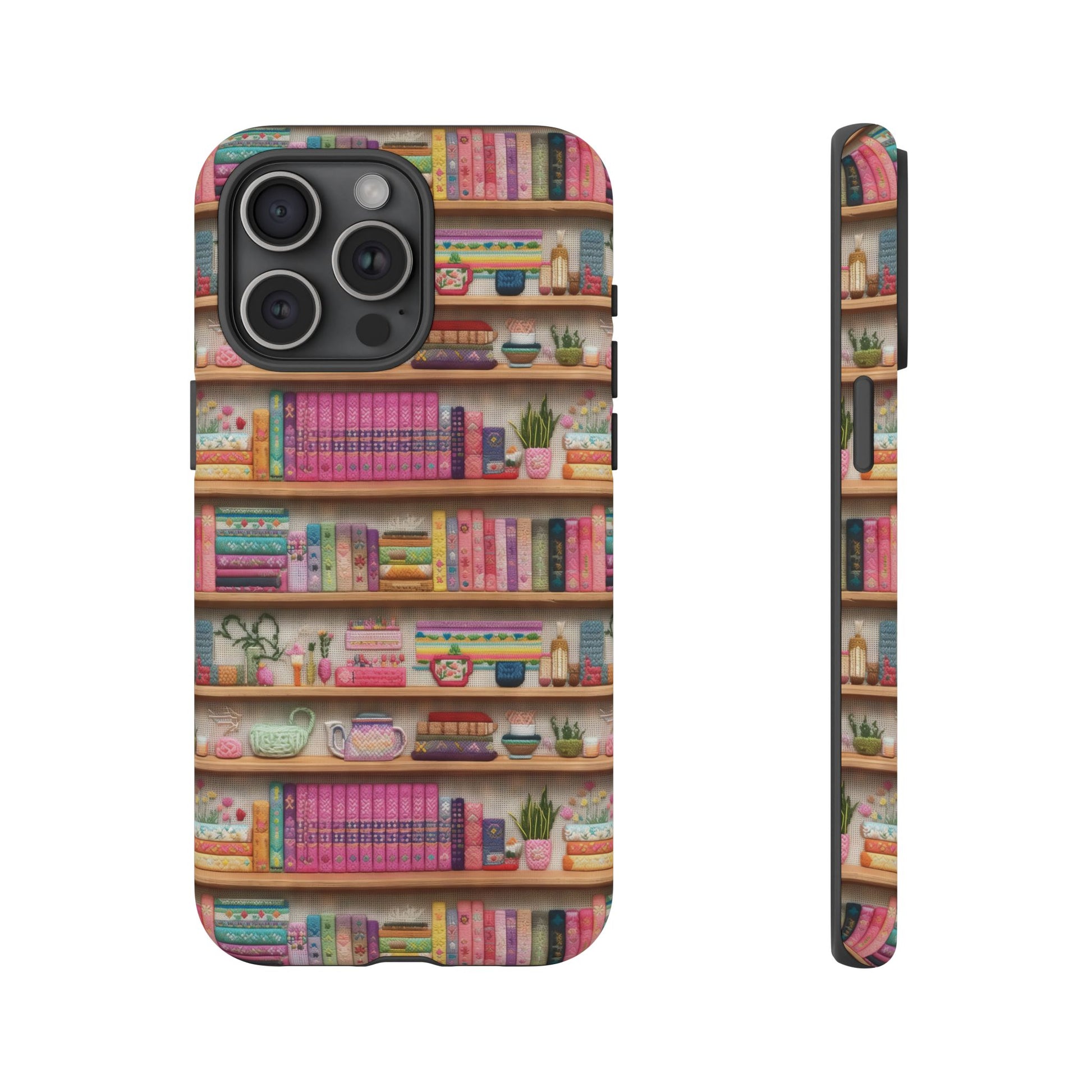 Whimsical 3D Embroidery Illusion Books on Pastel Shelves Phone Case for iPhone, Samsung & Pixel: Unique Accessory for Literary Enthusiasts Gift for Her Perfect for Floral Lover