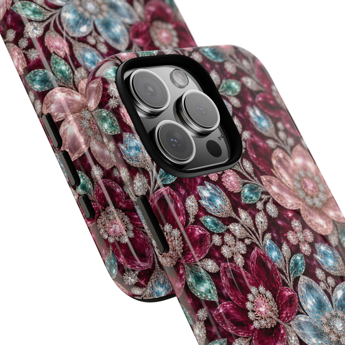 Floral faux Jewel Phone Case Sparkling Burgundy Flower Tough Magnetic Case 18 iPhone