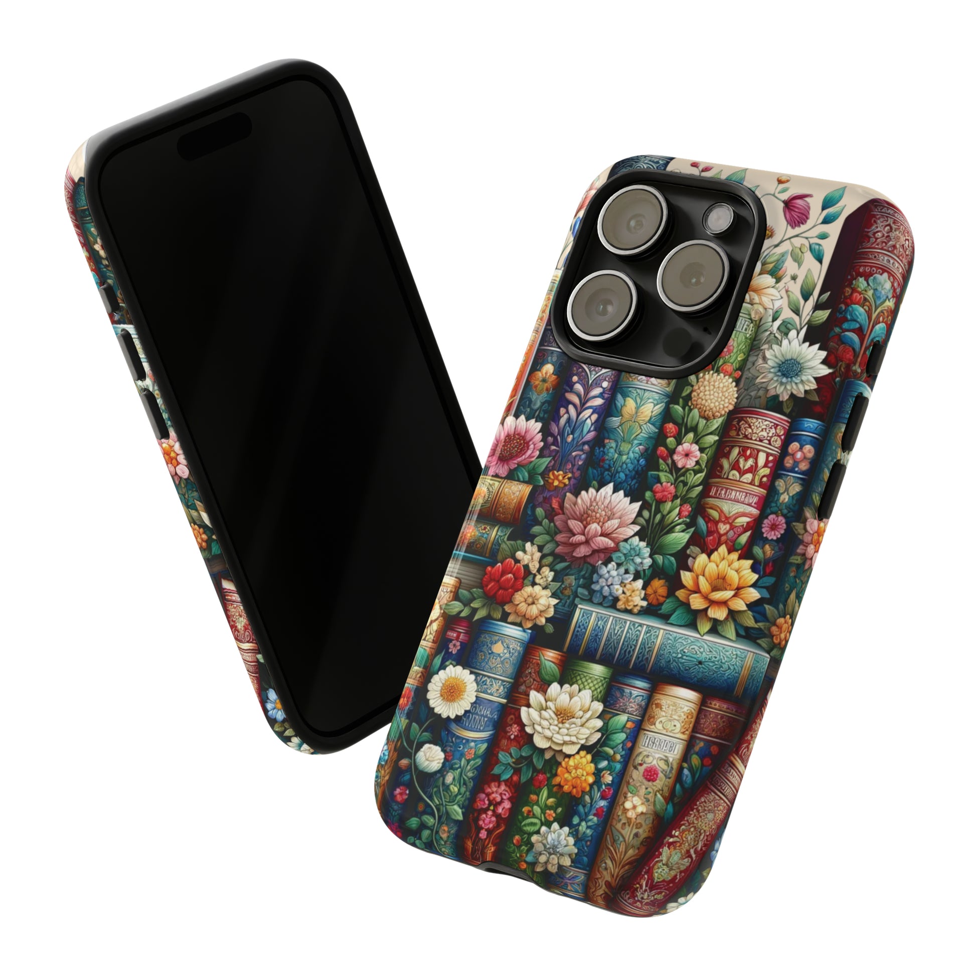 Books and Floral Boho Luxury Phone Tough Case Floral Elegant Durable Stylish for Modern Devices iPhone 15, Samsung iPhone Samsung Accessory Gift for Her.