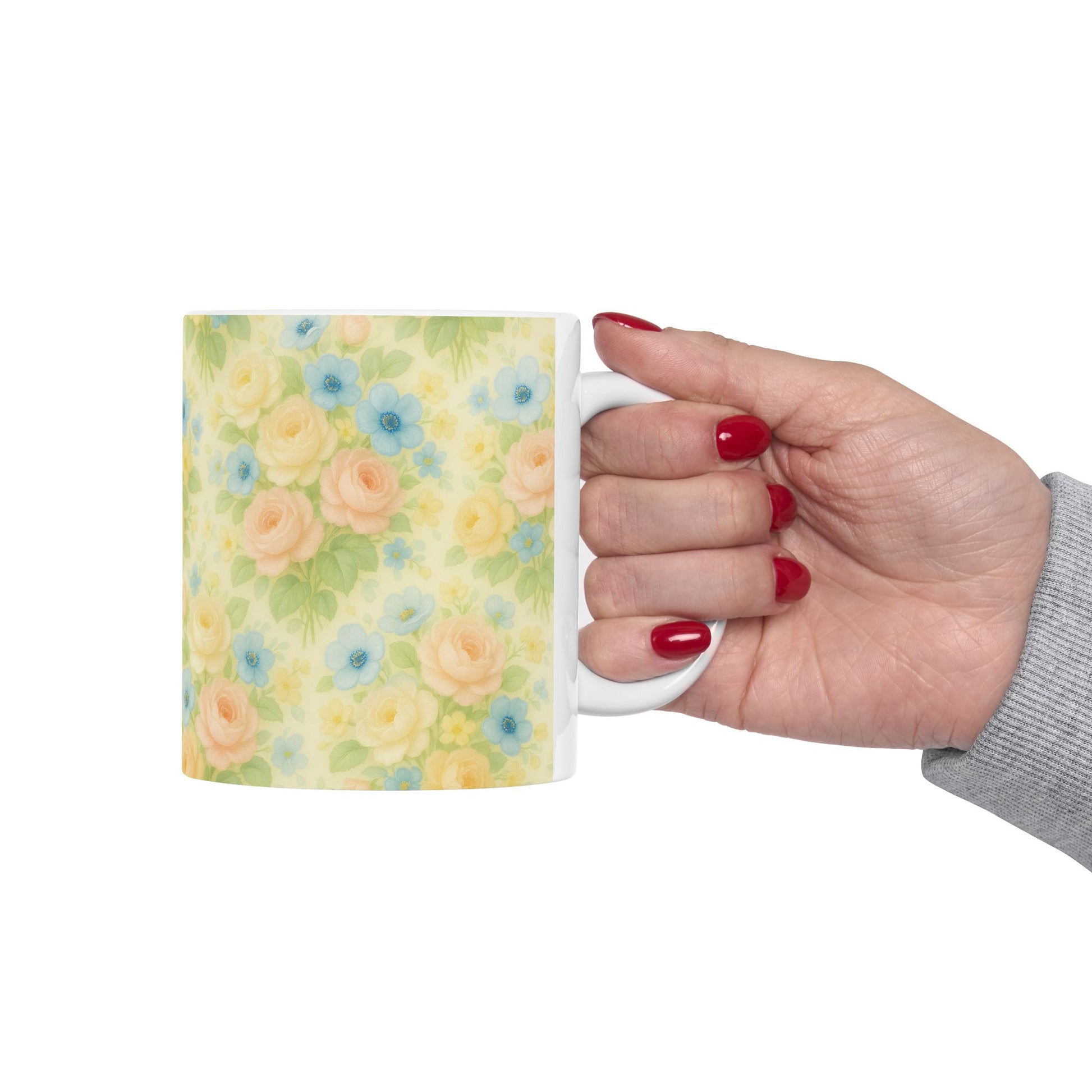 Vintage Pastel Yellow Floral Coffee Mug – 11 & 15oz Ceramic Mug, Romantic Gift for Her, Cottagecore Aesthetic, Cozy Hot Chocolate or Tea Mug for Home Decor