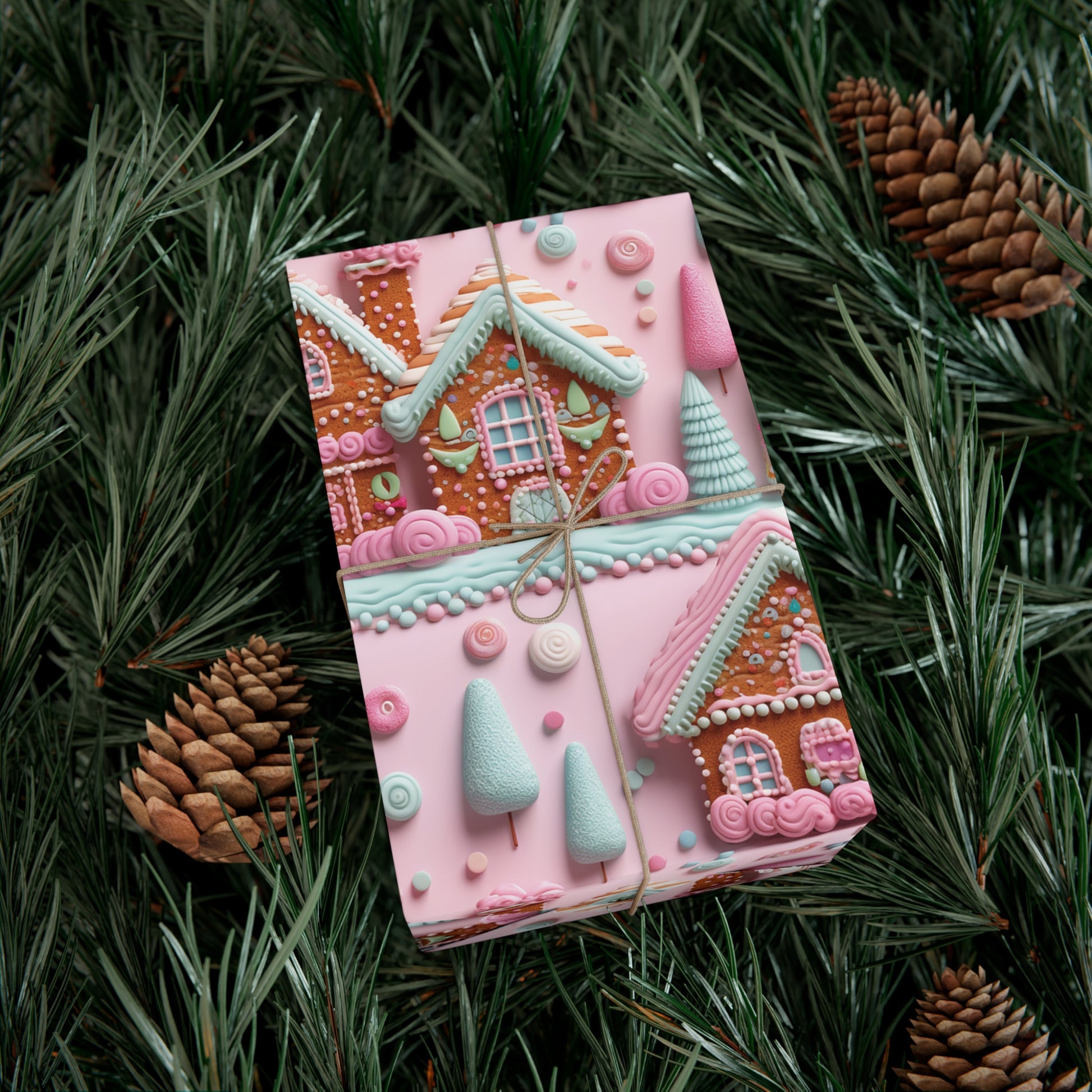 3D Clay Illusion Pink Gingerbread House Wrapping Paper Festive, Playful, and Perfect for Adding a Sweet Touch to Your Holiday Gifts Moms - MRSBYVALLE