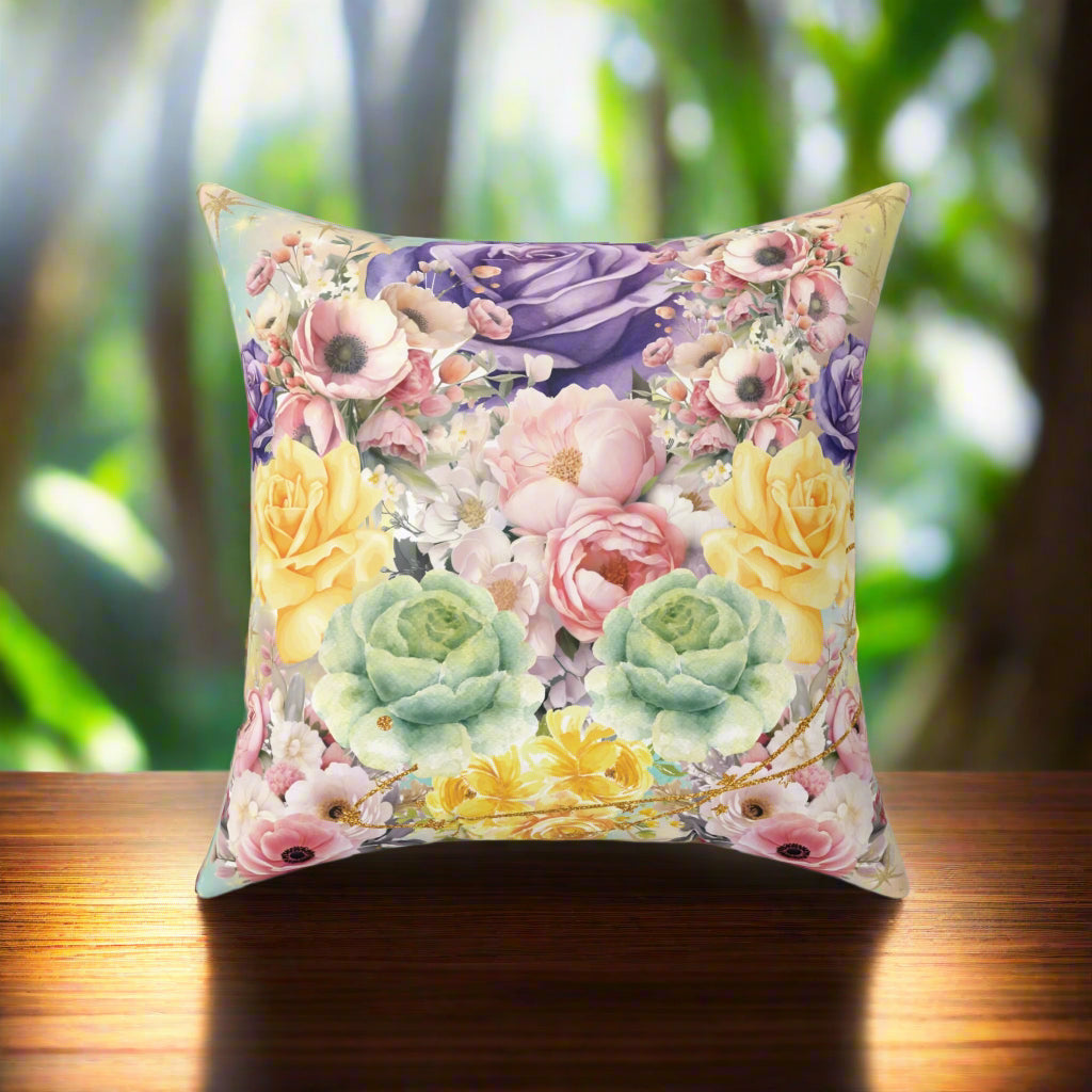 Pastel Luxury Floral Square Pillow – Colorful Botanical Print for Home Decor, Add Cozy Elegance to Your Living Room, Bedroom, or Reading Nook
