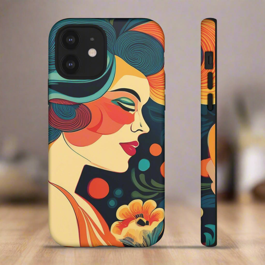 Phone case with colorful art design of a woman's profile on a white background