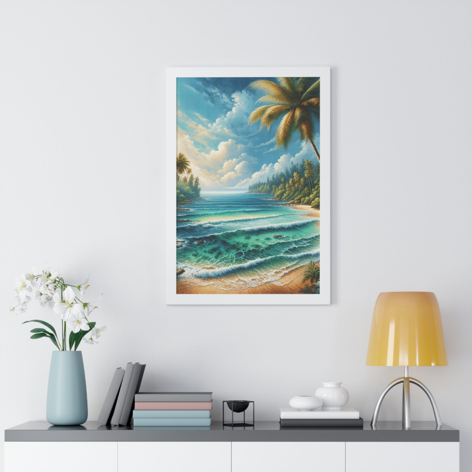 Coastal Bliss Ocean Beach View Framed Canvas Wall Art for Home Decor Framed Canvas Print Wall Art Classic Encased in Black, White, or Walnut Frames with Durable Acrylic Protection Ready to Hang  Timelessly Crafted..