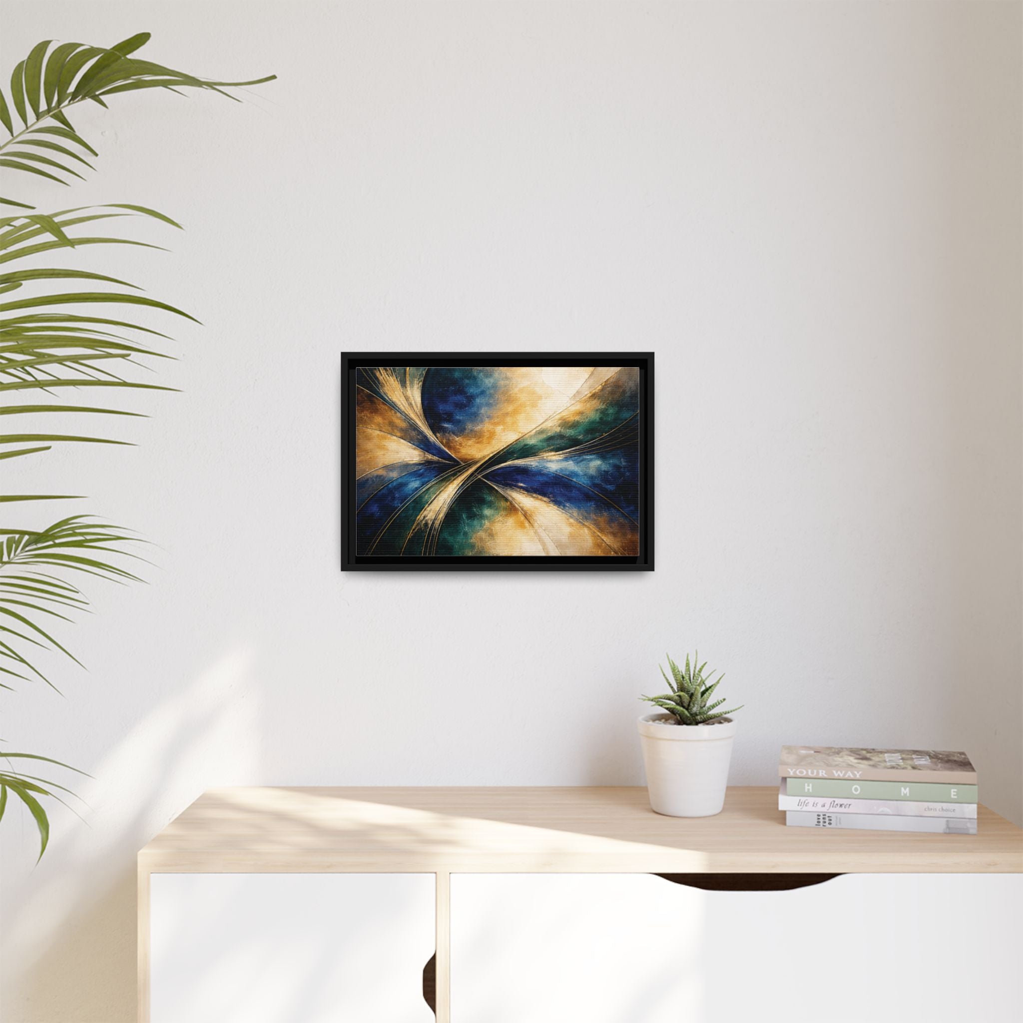 Gilded Convergence  Luxe NeoDeco Blue & Gold Abstract Wall Art Framed