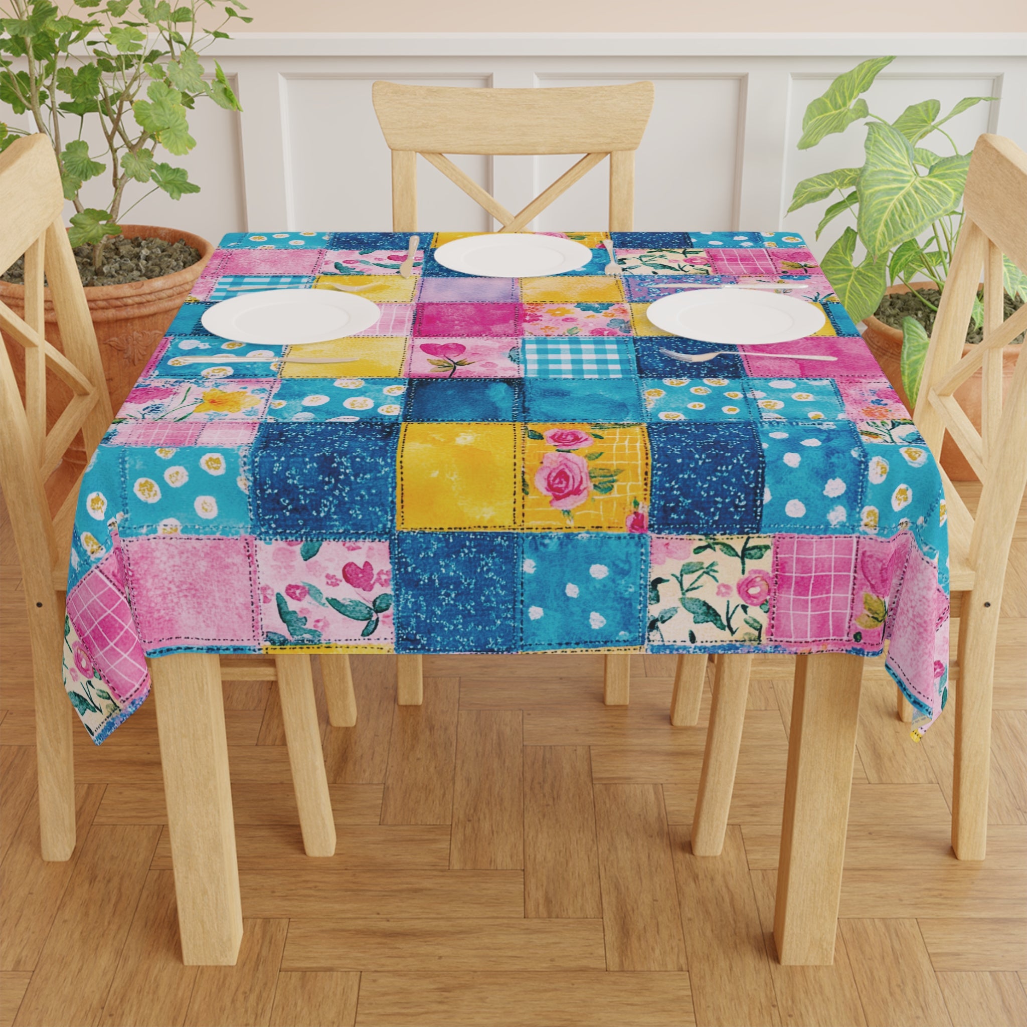 Pastel Patchwork Illusion Tablecloth — Soft Vintage Floral Patchwork Table Linen