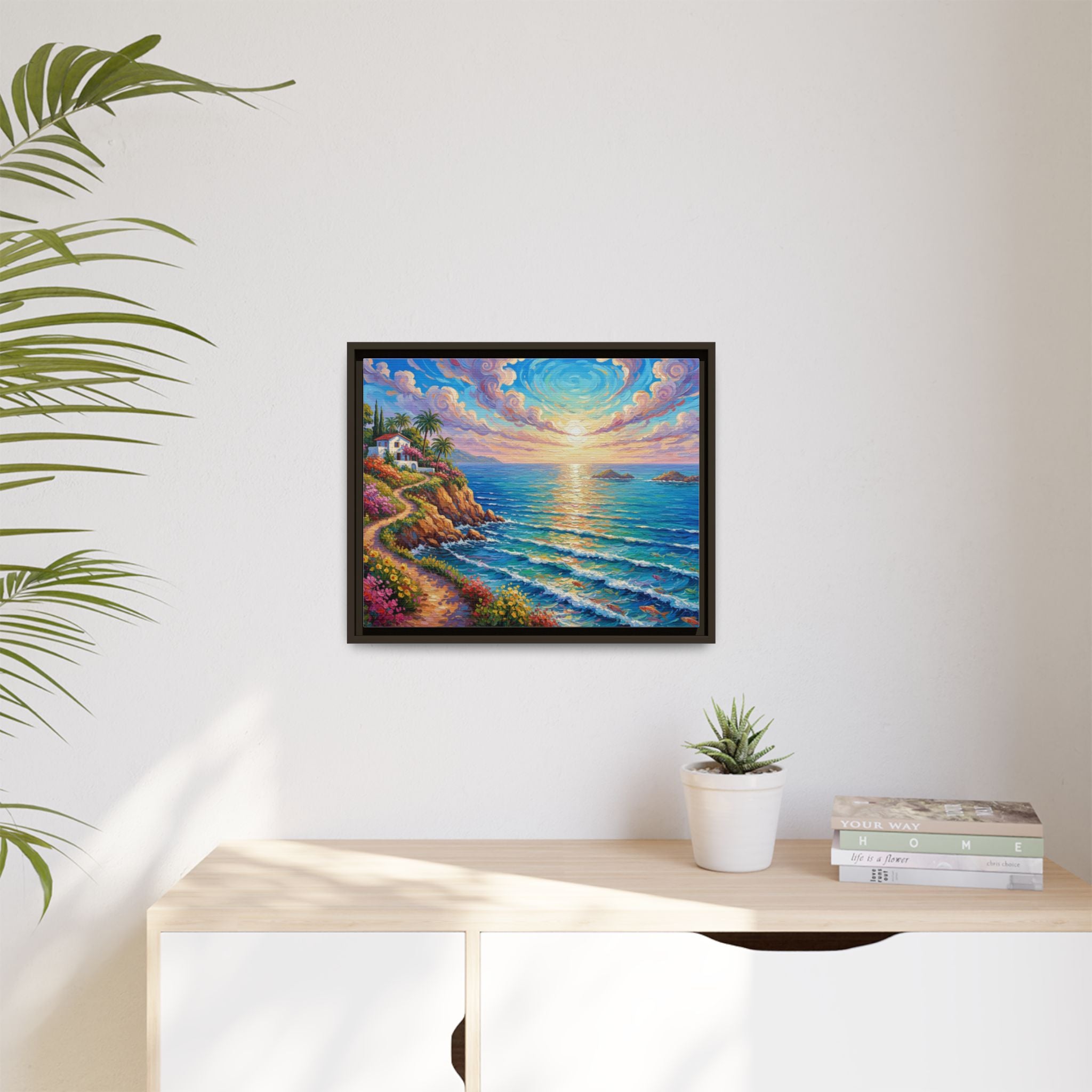 Toile imprimée florale océanique | Décoration murale colorée et lumineuse de paysage marin, œuvre d'art de bureau encadrée et mate