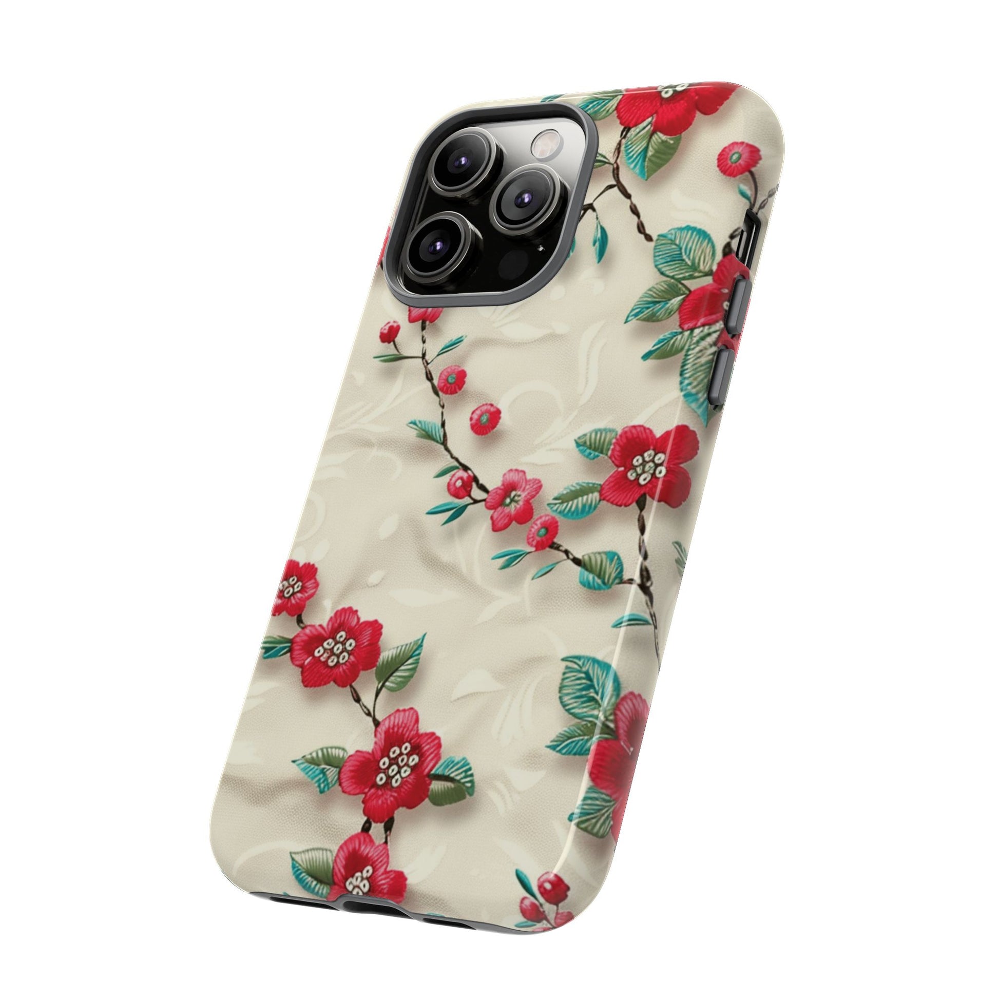 3D Embroidery Illusion Red Flowers Phone Case for iPhone, Samsung Pixel Artistic Floral Protection 15 14 13 12, 21 23 Gift for Her Perfect for Floral Lover