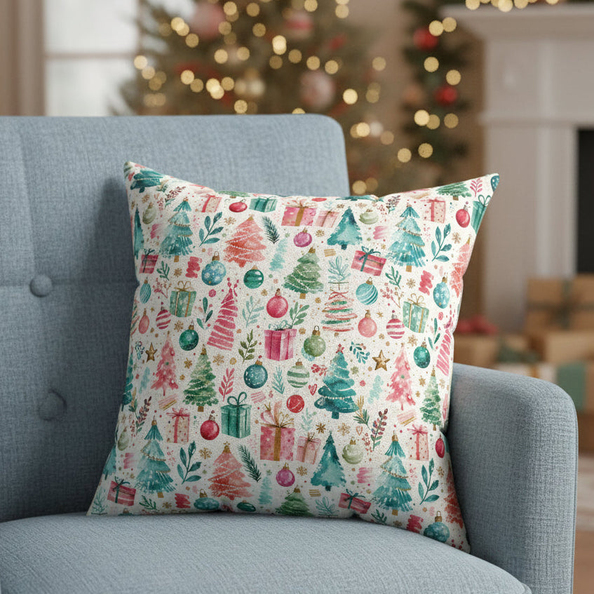 A square throw pillow featuring a festive Christmas watercolor pattern with pine trees, ornaments, gifts, and berries on an off-white background.