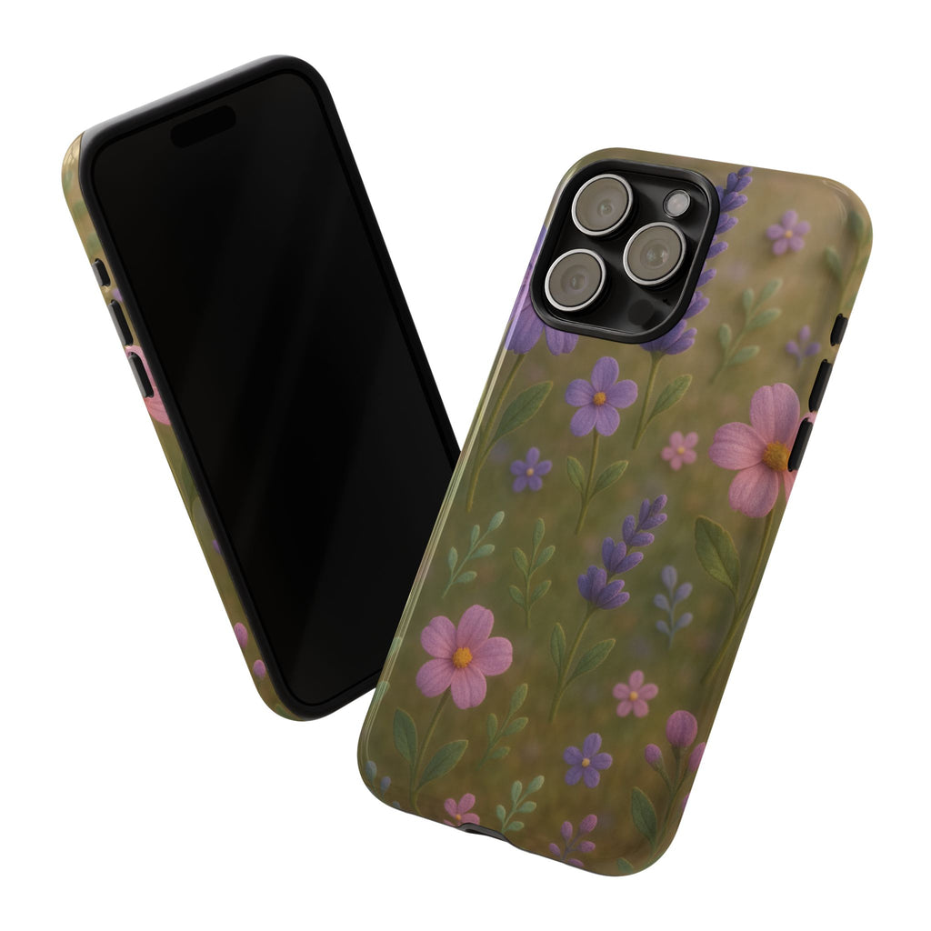 Pastel Flowers 3D Illusion Wildflower Phone Case Cute Pastel Floral Design in Lavender, Pink, Mint Green Aesthetic Protective Case for iPhone and  Android