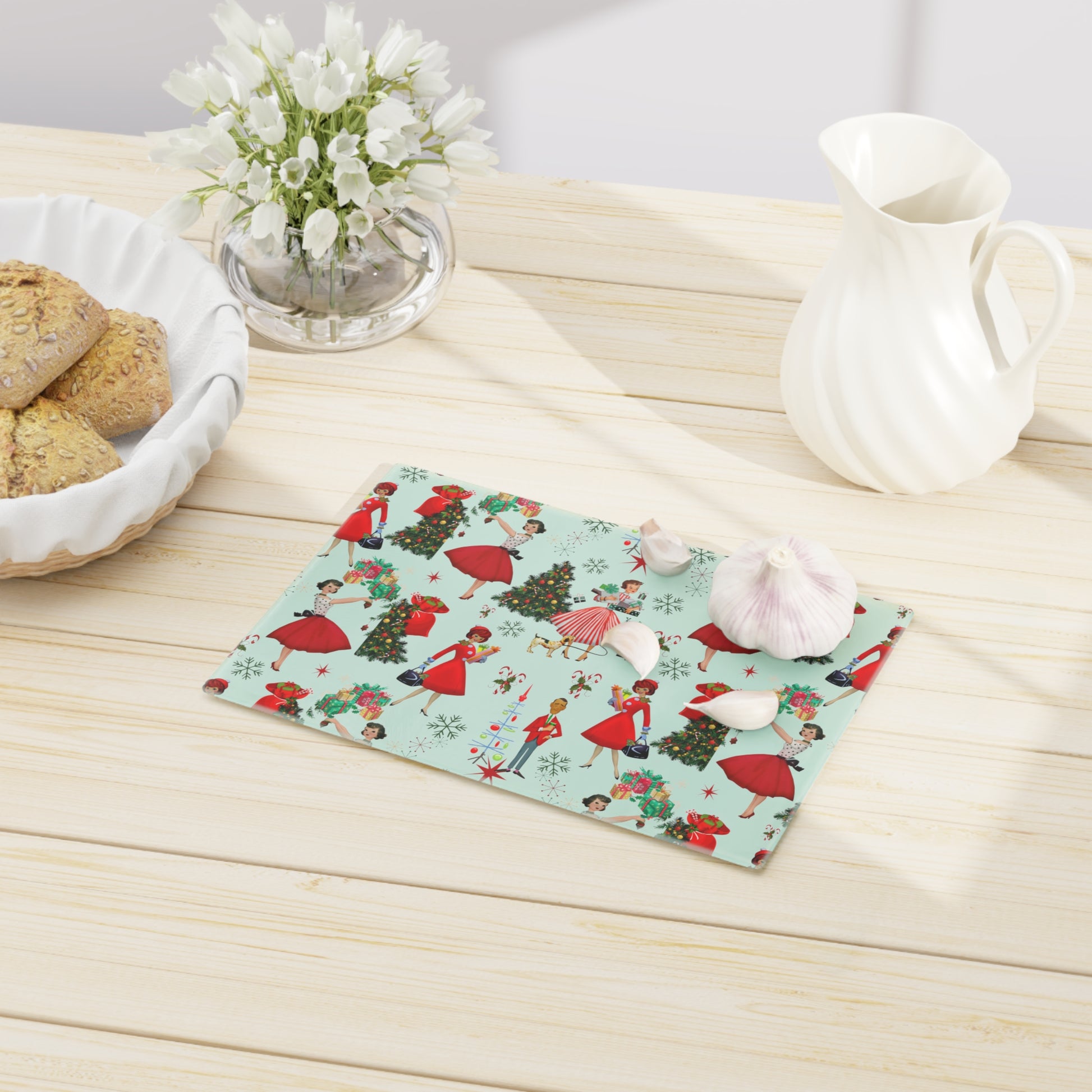 New House Tempered Glass Cutting Board with 1950s Vintage Retro Christmas Design Ultra-Durable Kitchen Accessory for Stylish Cooking Kitchen Decor Housewarming, New House Gift - MRSBYVALLE