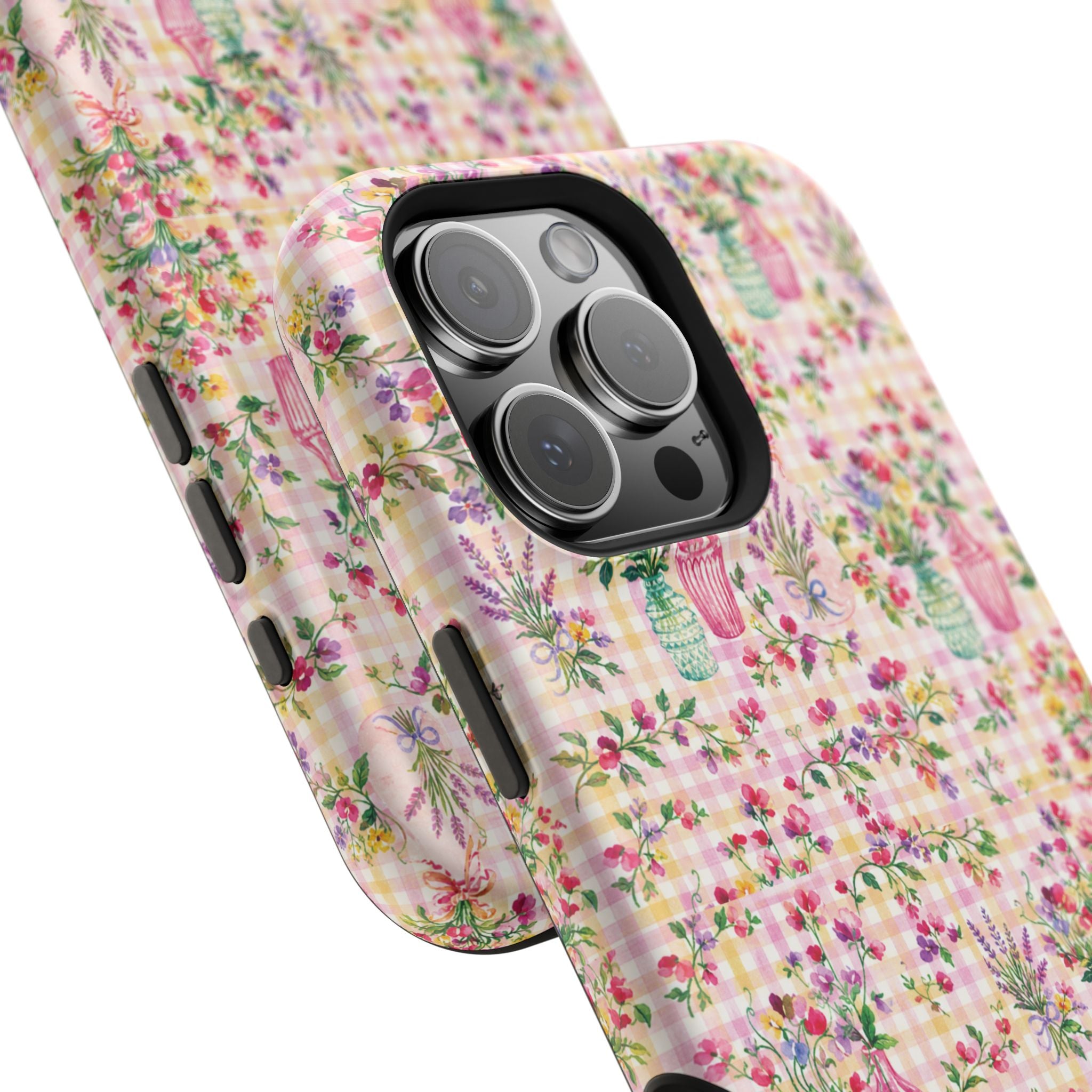 Turquoise & Pink Floral Checker Phone Case — Magnetic Impact-Resistant