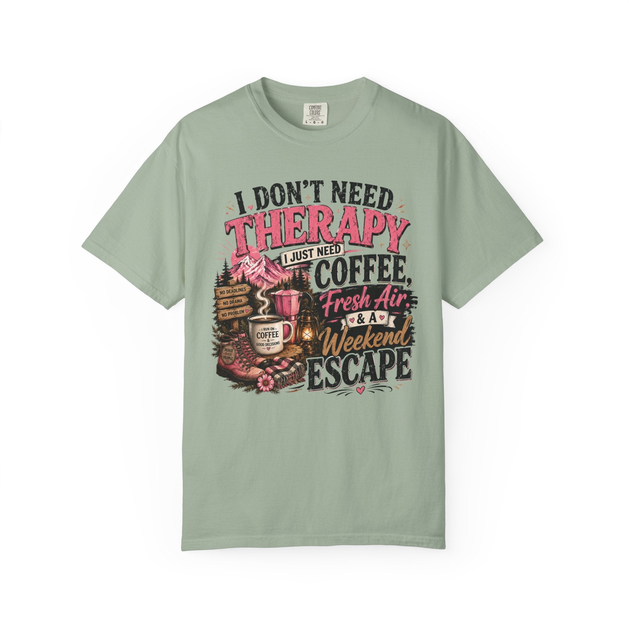 T-Shirt — “I Don’t Need Therapy, I Just Need Coffee, Fresh Air & A Weekend Escape” Vintage Coffee & Outdoors Tee