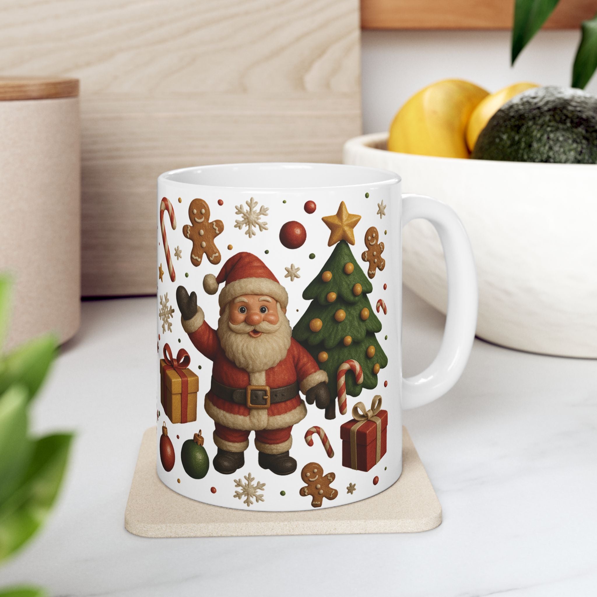 Santa & Tree Christmas Mug 11oz & 15oz Holiday Cup with Gingerbread, Candy Canes, Gifts – Perfect for Cocoa, Coffee, or Winter Mornings
