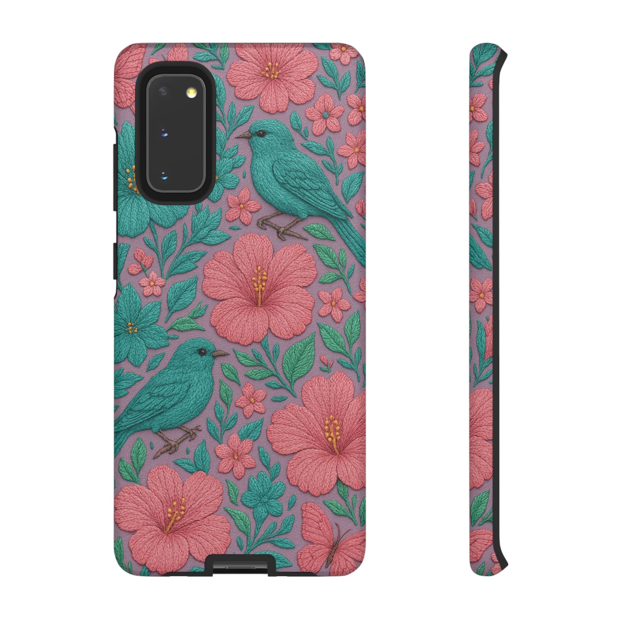 Turquoise, Pink and Lavender 3D Embroidery Illusion Phone Case Tropical Flowers, Birds & Butterflies Cover with Bold, Realistic Floral Texture iPhone, Samsung