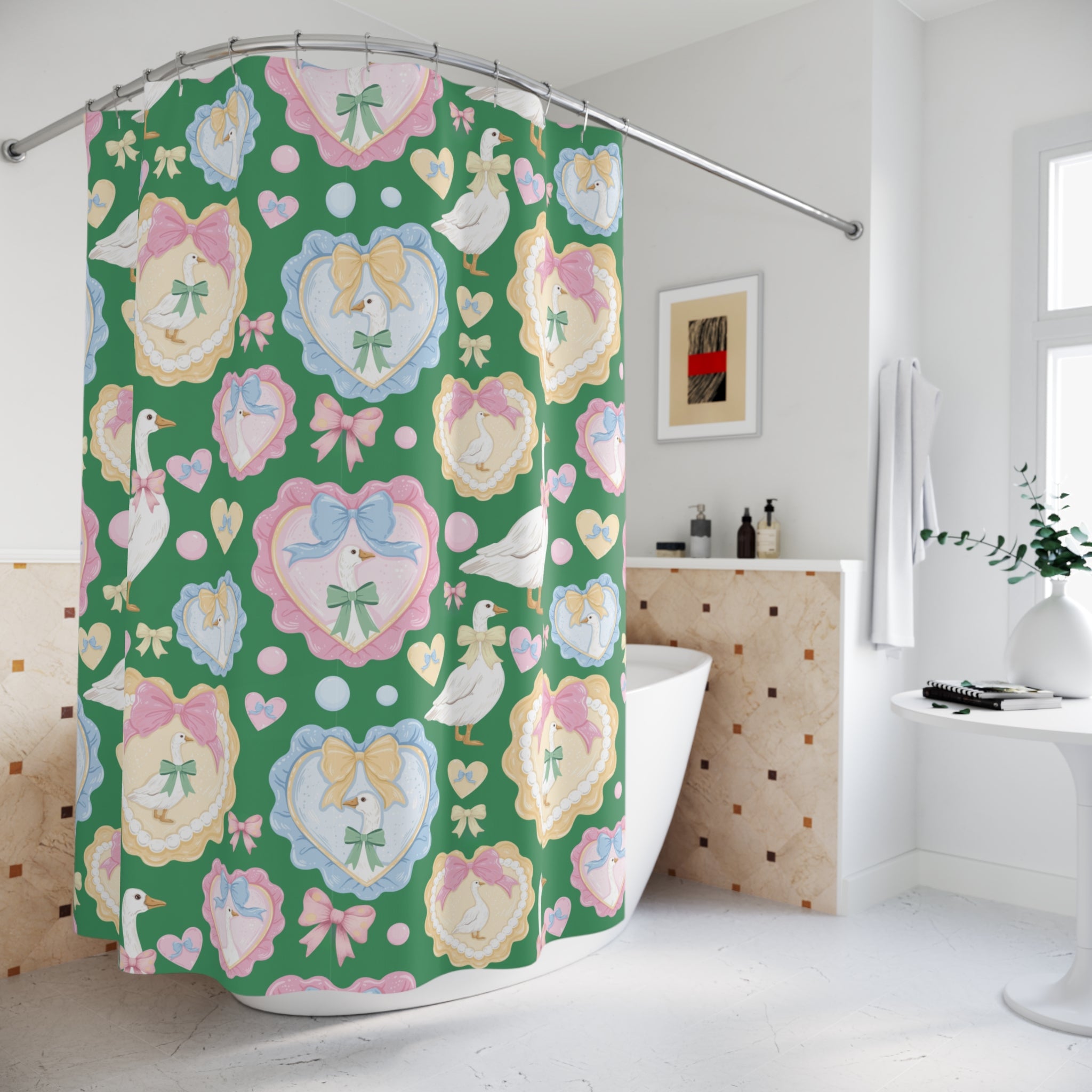 Green Silly Goose Shower Curtain with Pastel Bows & Hearts – Cozy Bathroom Decor