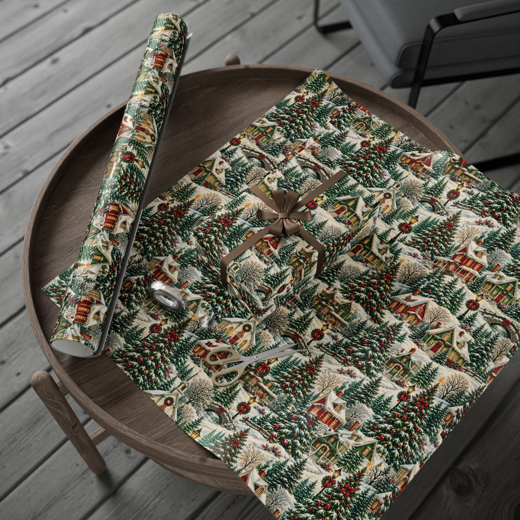 Vintage Christmas Village Gift Wrap Snowy Church & Cottage Wrapping Paper Rustic Holiday Present Wrap