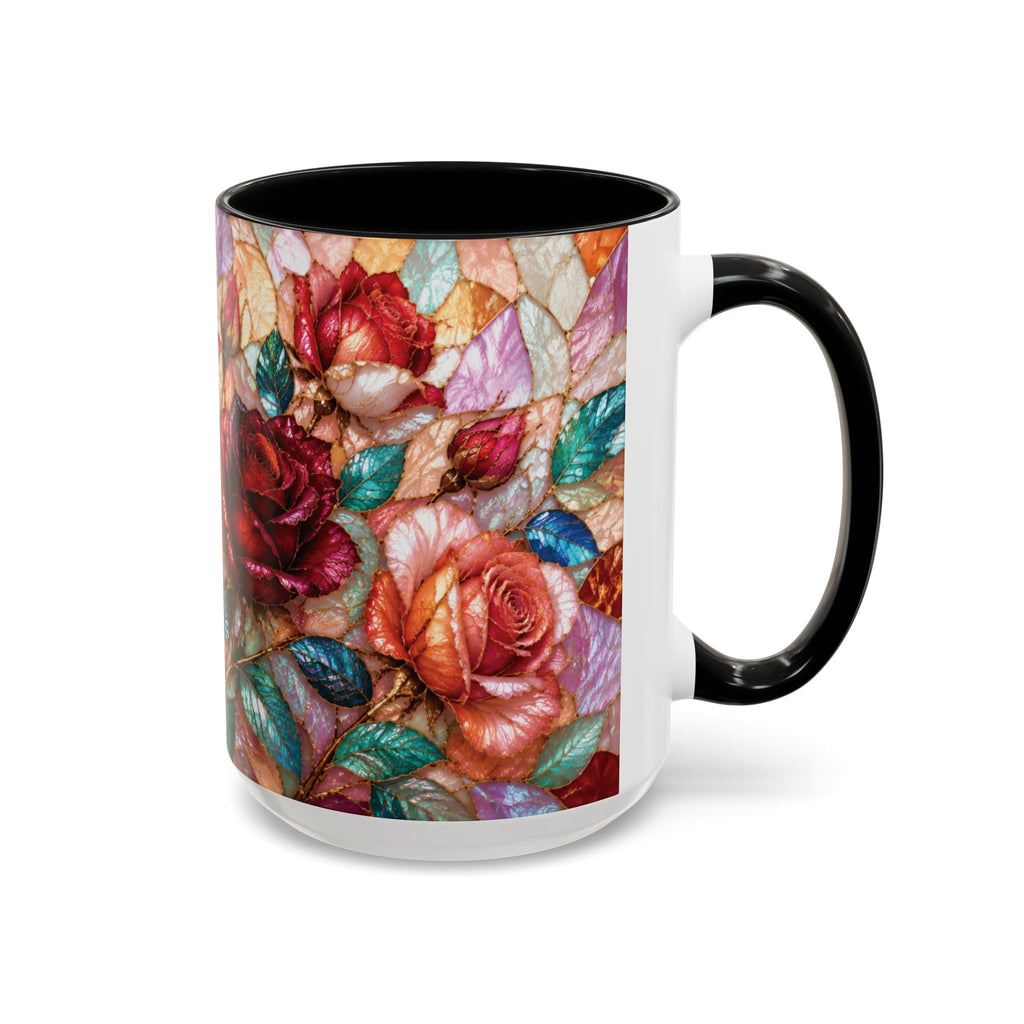 Floral Stained-Glass Accent Coffee Mug Colorful Rose Pattern (11/15 oz) Gift for Her