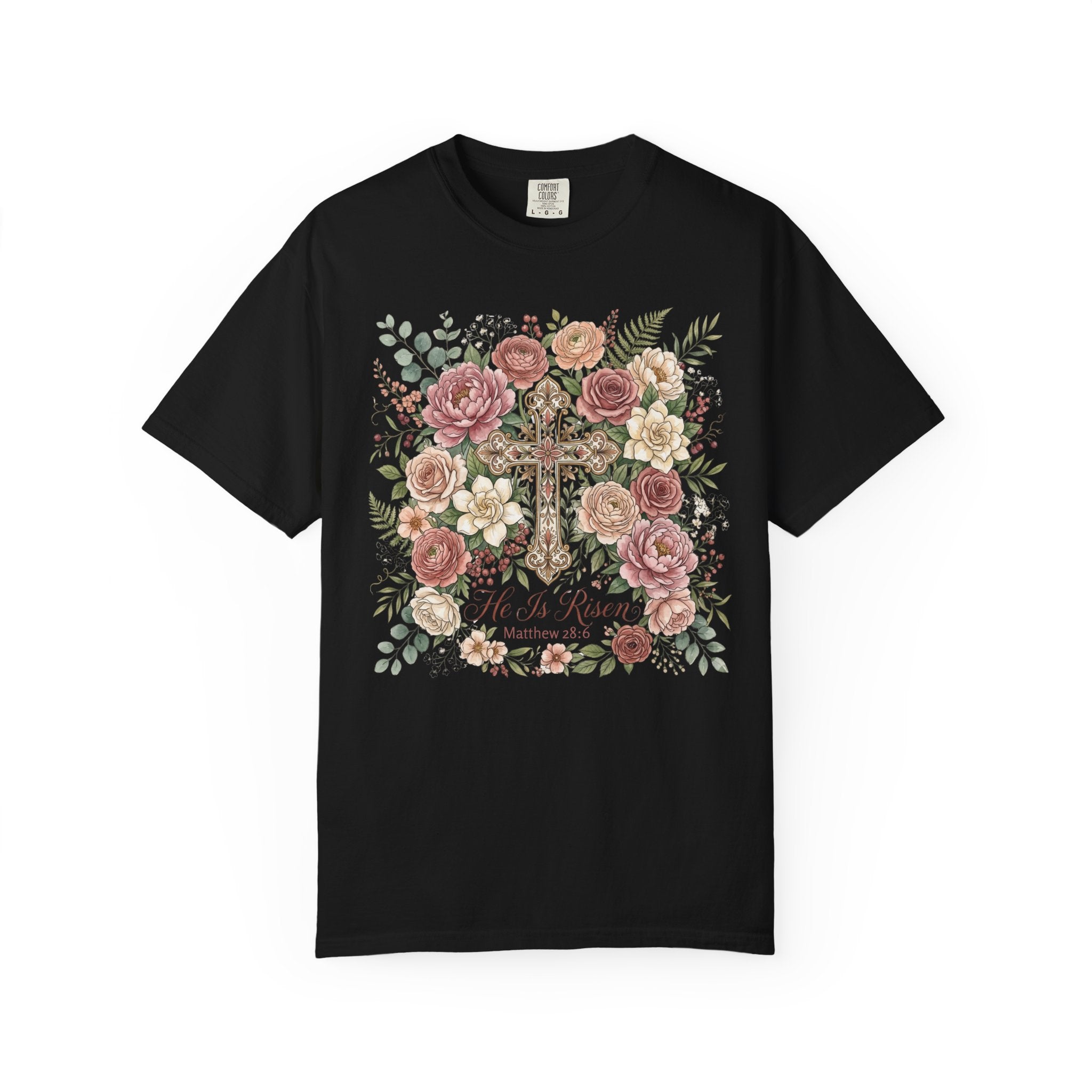 He Is Risen Floral Cross T-Shirt Christian Gift
