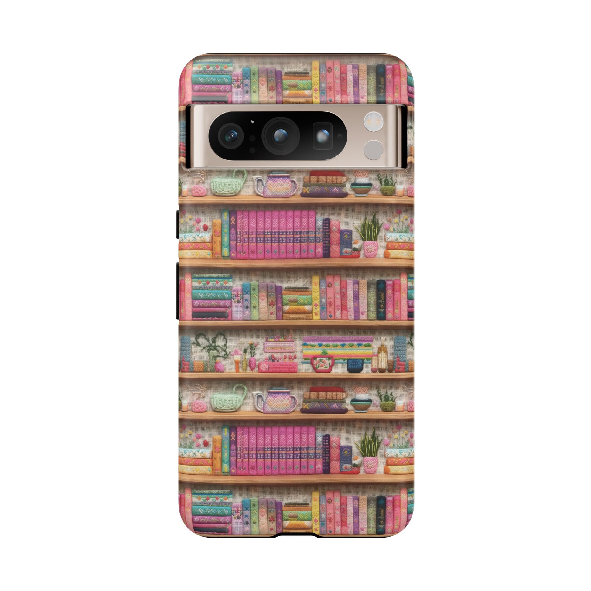 Whimsical 3D Embroidery Illusion Books on Pastel Shelves Phone Case for iPhone, Samsung & Pixel: Unique Accessory for Literary Enthusiasts Gift for Her Perfect for Floral Lover