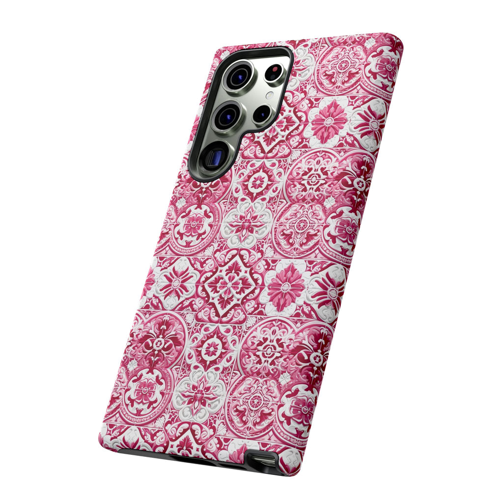 Pink and White Mediterranean Tile Design Phone Case - Stylish, Protective Cover for All Models Gift for Mom Accessory Gift for Her