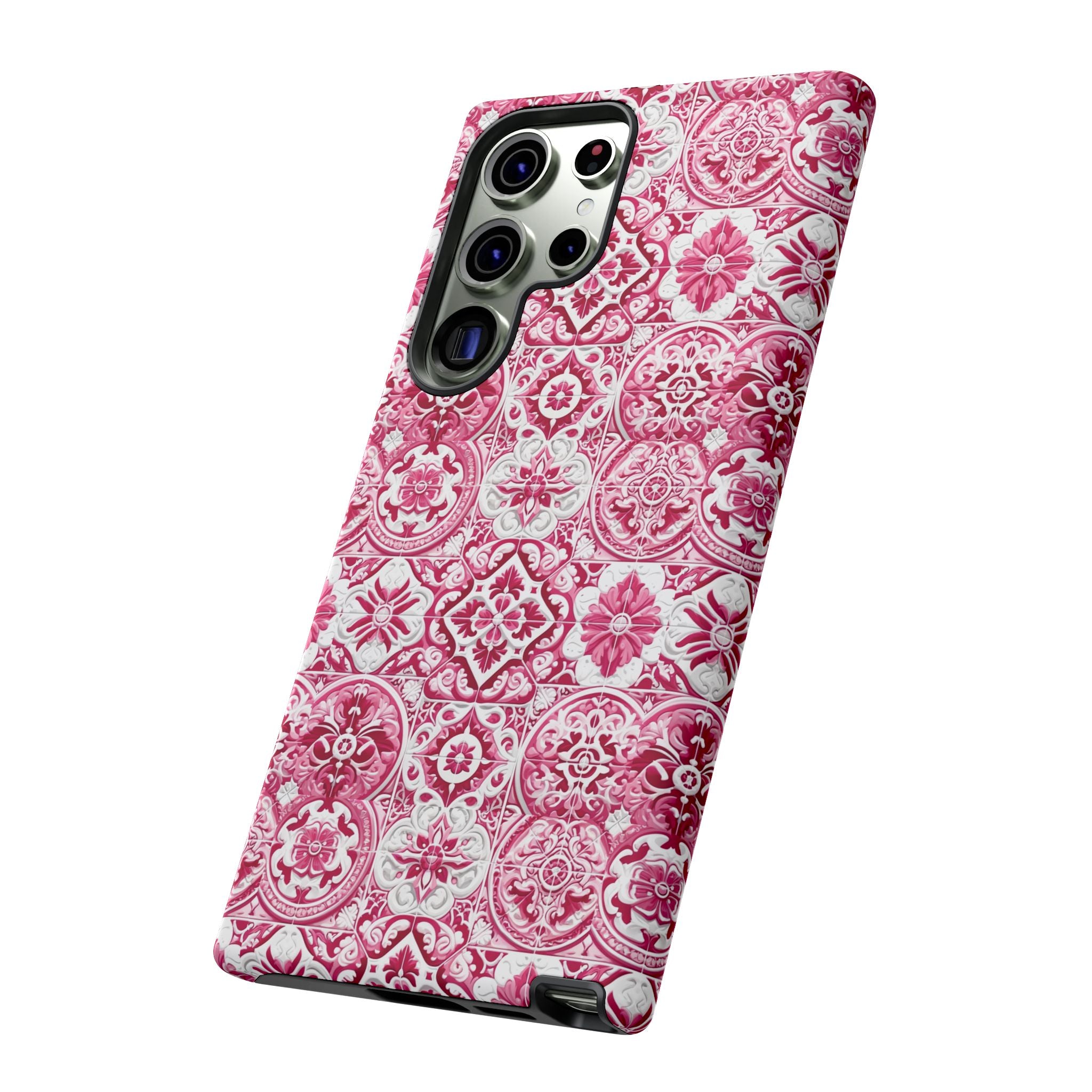 Pink and White Mediterranean Tile Design Phone Case - Stylish, Protective Cover for All Models Gift for Mom Accessory Gift for Her