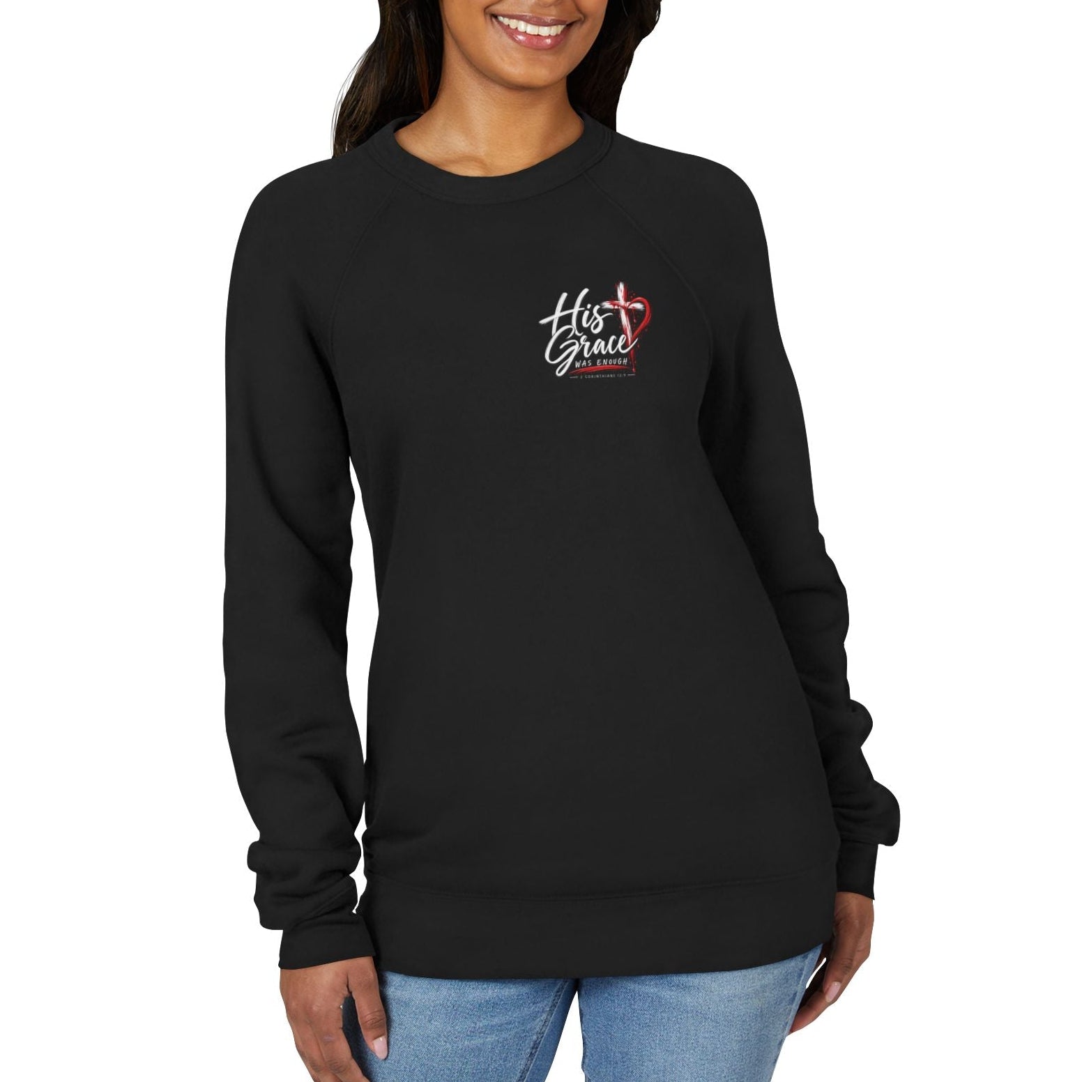 Person wearing a black long-sleeve shirt with a logo on a white background