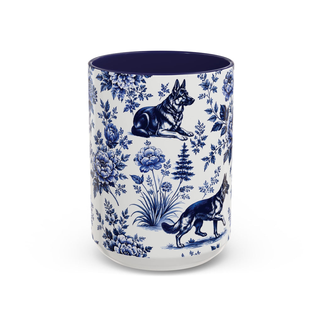 Elegant German Shepherd Floral Mug | Luxury Blue Toile Coffee Mug 11/15oz Accent Ceramic