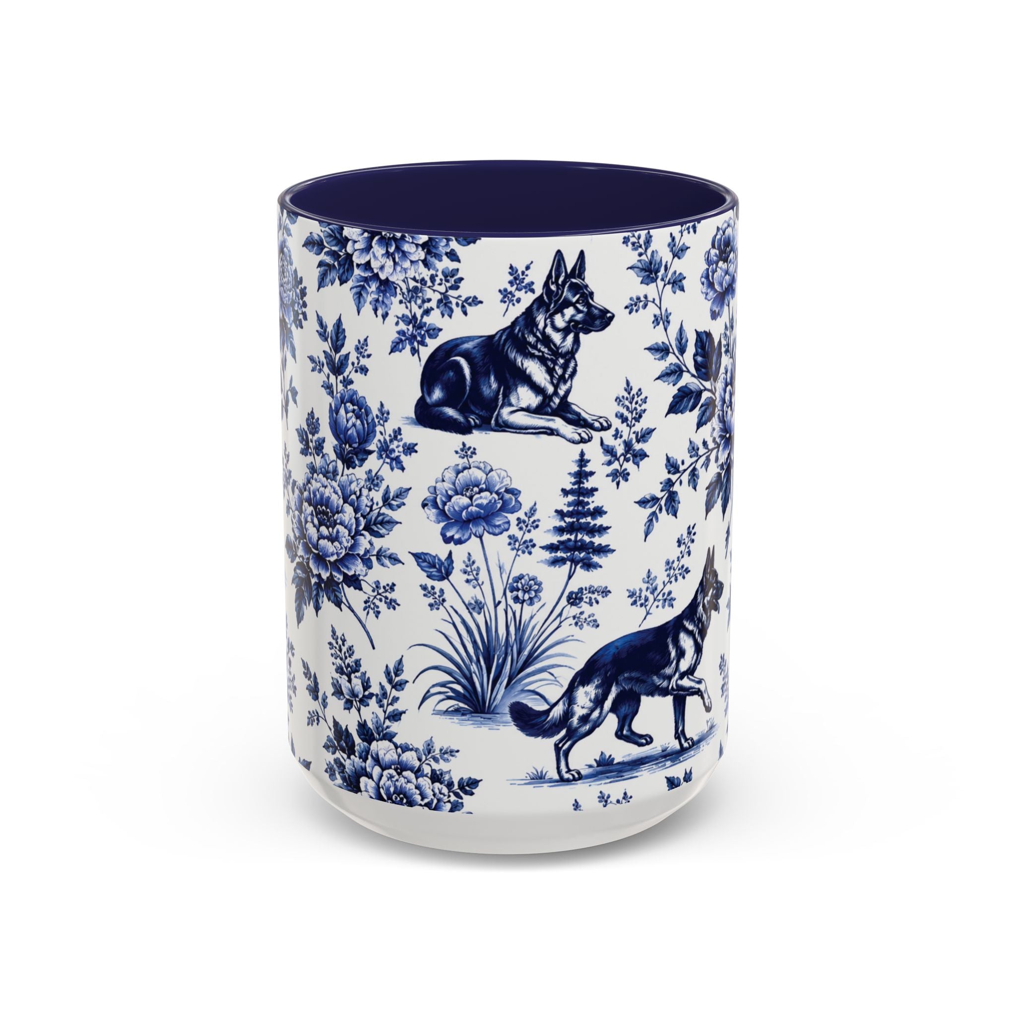 Elegant German Shepherd Floral Mug | Luxury Blue Toile Coffee Mug 11/15oz Accent Ceramic