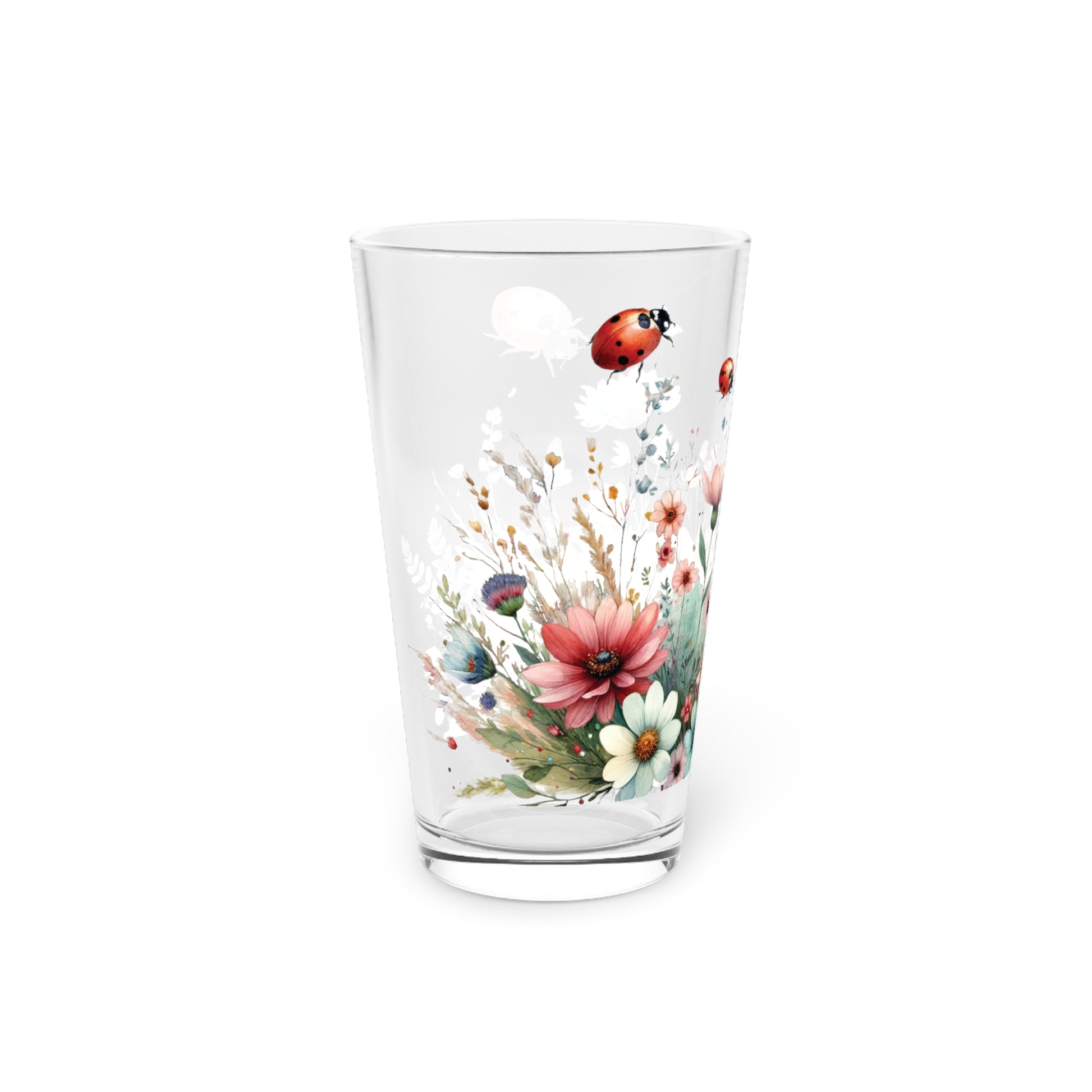 Watercolor Lady Bugs and Floral 16oz Pint Glass Delicate Blooms for Refreshing Sips Art Gifts, Party Drinkware, Cocktail Glass Housewarming Perfect Gift Party Drinkware, Cocktail, Wedding Perfect for Parties Glassware, New House Gift.
