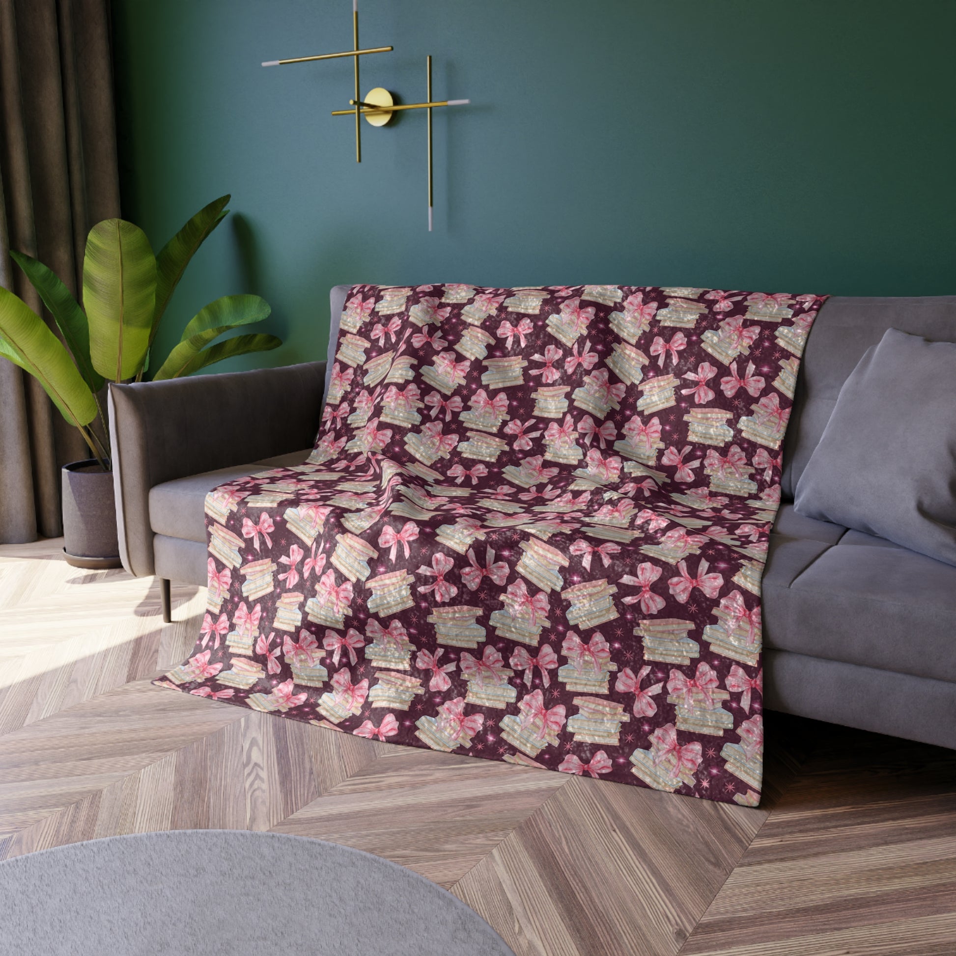 Luxurious Crushed Velvet Blanket Ultra-Soft, Cozy & Stylish | Coquette Pink Bows & Books Design | 50x60 Throw for Elegant Home Decor Perfect for sofas - MRSBYVALLE