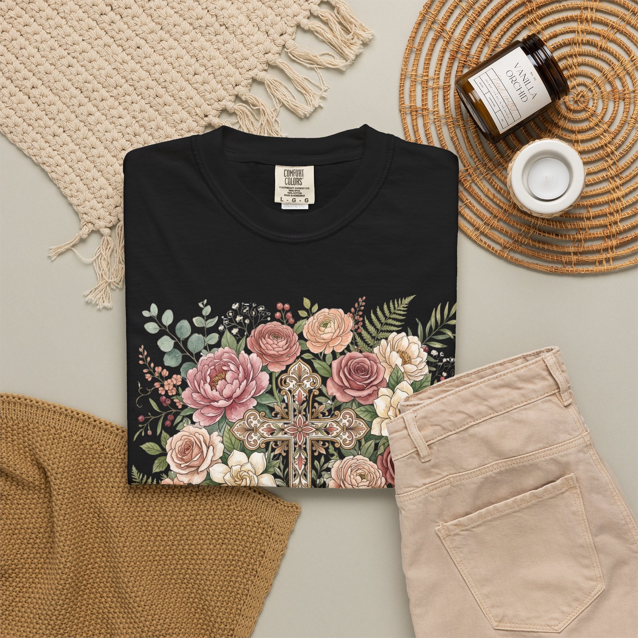 He Is Risen Floral Cross T-Shirt Christian Gift