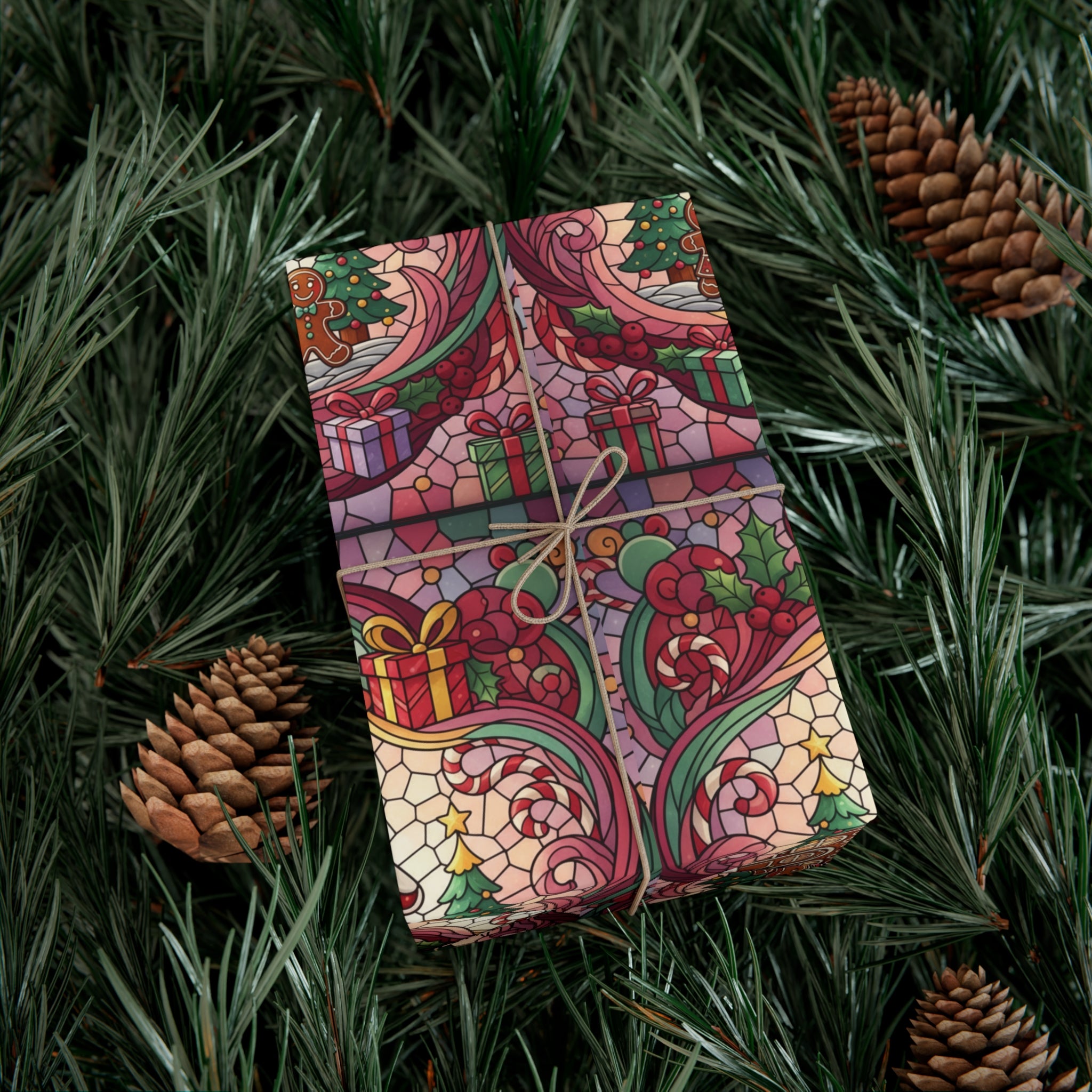 Stained Glass Gift Wrap Papers, Gingerbread House and Family Design - Wrapping Sheets, Festive Holiday Craft Supplies, Christmas Decoration