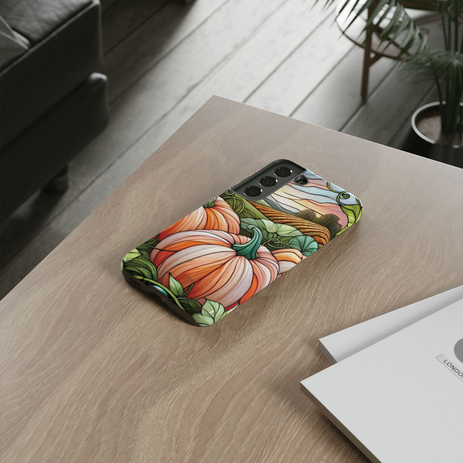 Pumpkins Phone Case Fall Faux Stained-Glass Thanksgiving Cover Pumpkin Lovers Gift for Galaxy S 24 23 22 21 Pixel 5 6 7 8 iPhone 17 , 16 15 14 13 12 Samsung iPhone Samsung Gift for Her