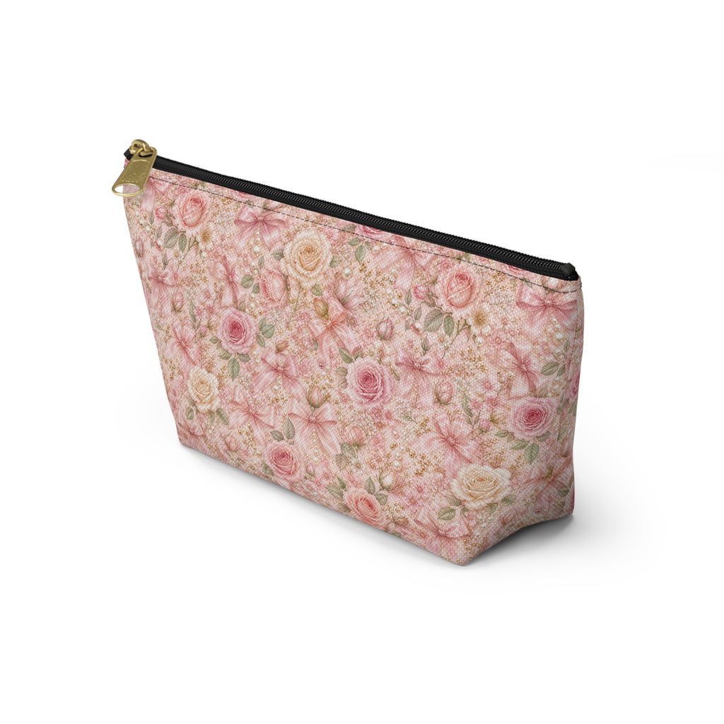 Trousse de Maquillage Nœud en Satin et Rose Poudré, Pochette Cosmétique Fleurie Coquette de Luxe, Organisateur de Voyage Élégant