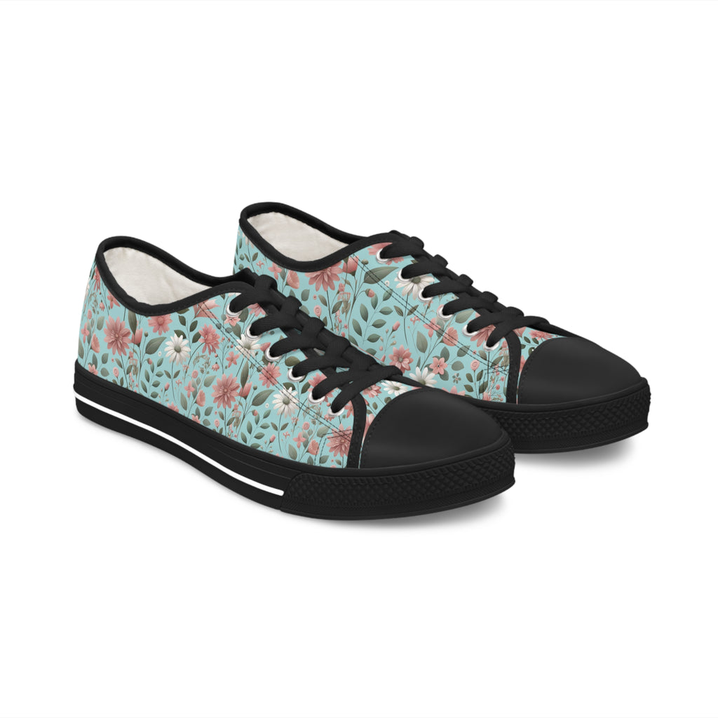 Aqua and Pink Floral Women's Low Top Sneakers Breathable Polyester Canvas, Lightweight Stylish Floral Pastel Design, Comfortable All-Day Wear, Perfect for Walking and Everyday Activities - MRSBYVALLE