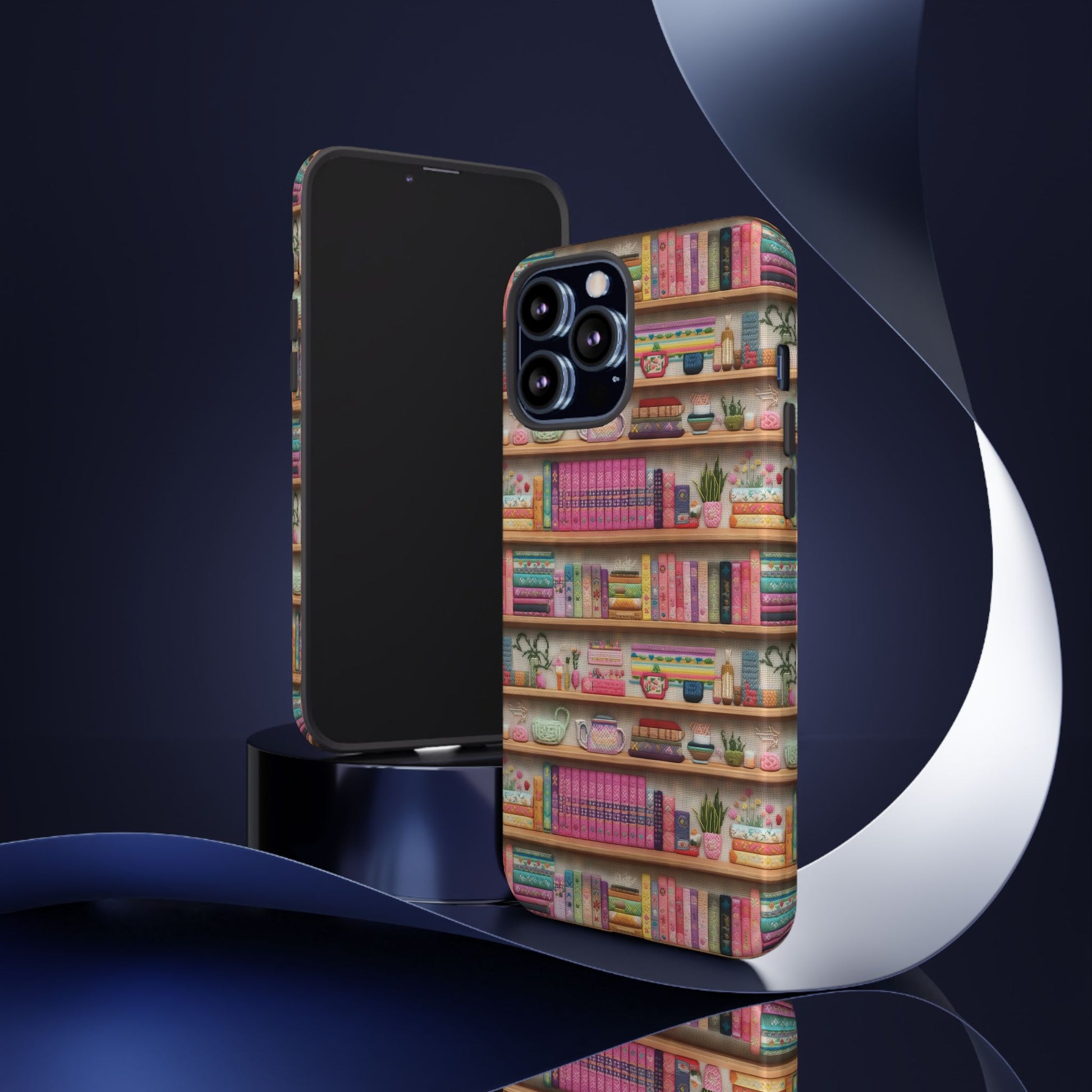 Whimsical 3D Embroidery Illusion Books on Pastel Shelves Phone Case for iPhone, Samsung & Pixel: Unique Accessory for Literary Enthusiasts Gift for Her Perfect for Floral Lover