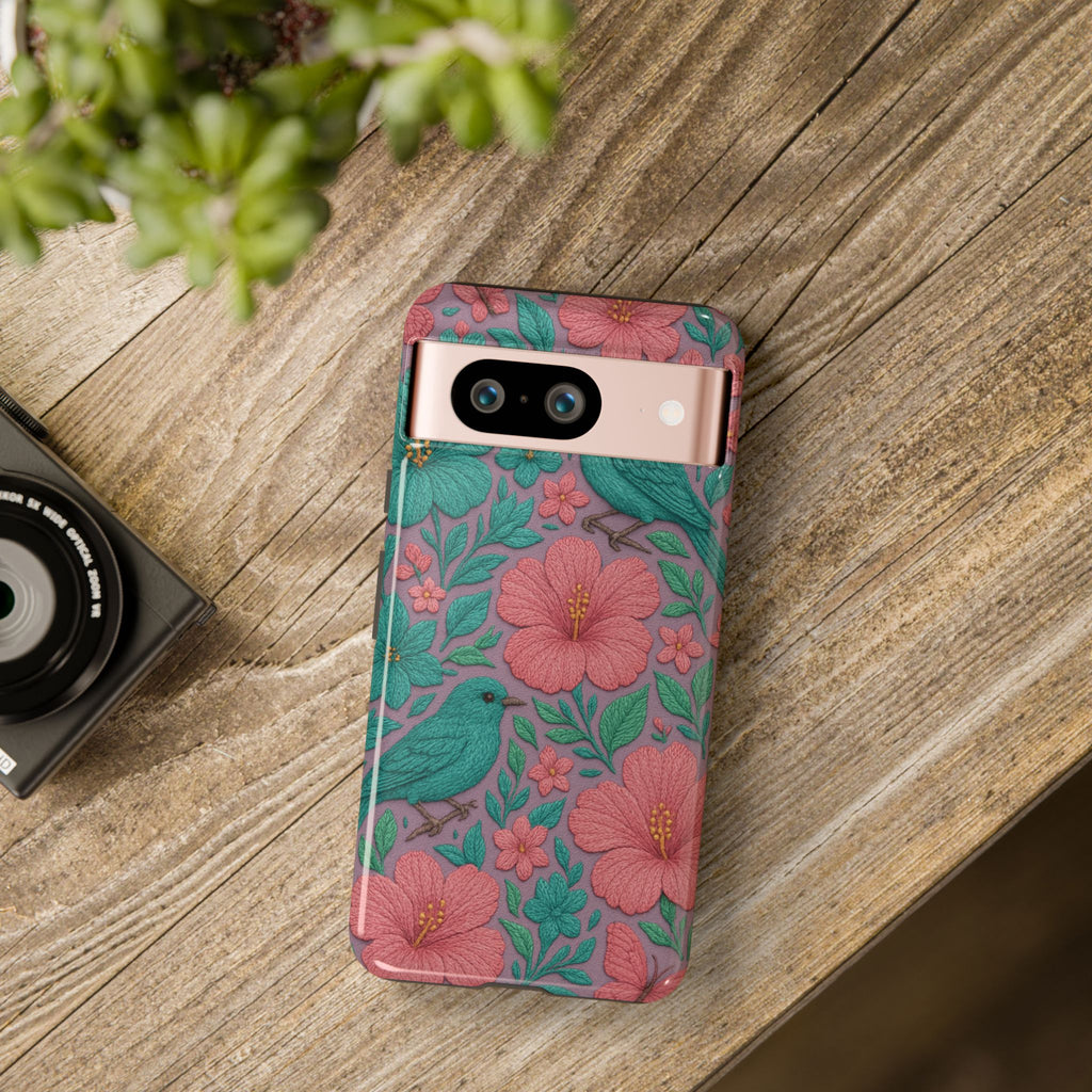 Turquoise, Pink and Lavender 3D Embroidery Illusion Phone Case Tropical Flowers, Birds & Butterflies Cover with Bold, Realistic Floral Texture iPhone, Samsung