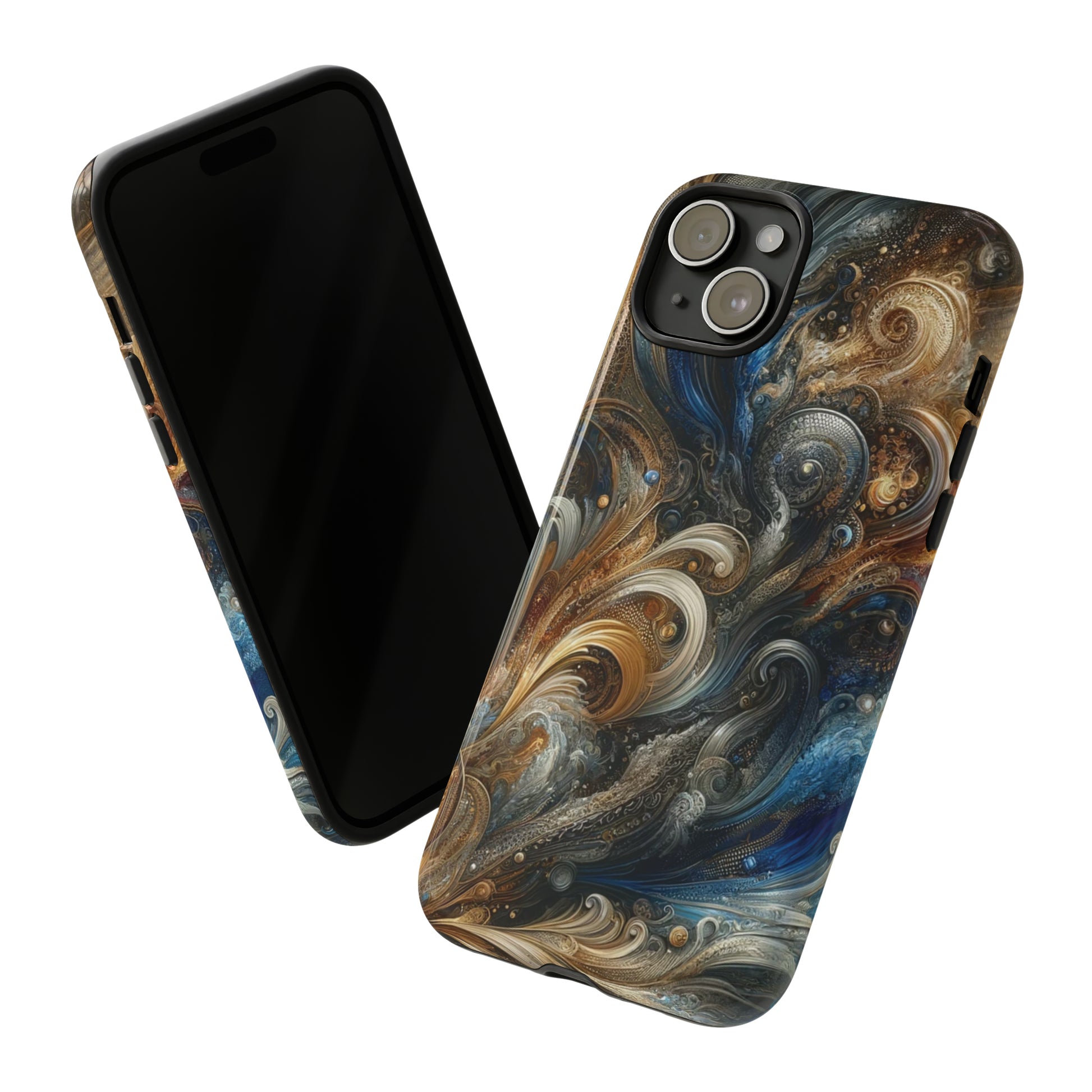 Gold and Navy Art Design Luxury Phone Tough Case Floral Elegant Durable Stylish for Modern Devices iPhone 15, Samsung iPhone Samsung Accessory Gift for Her.