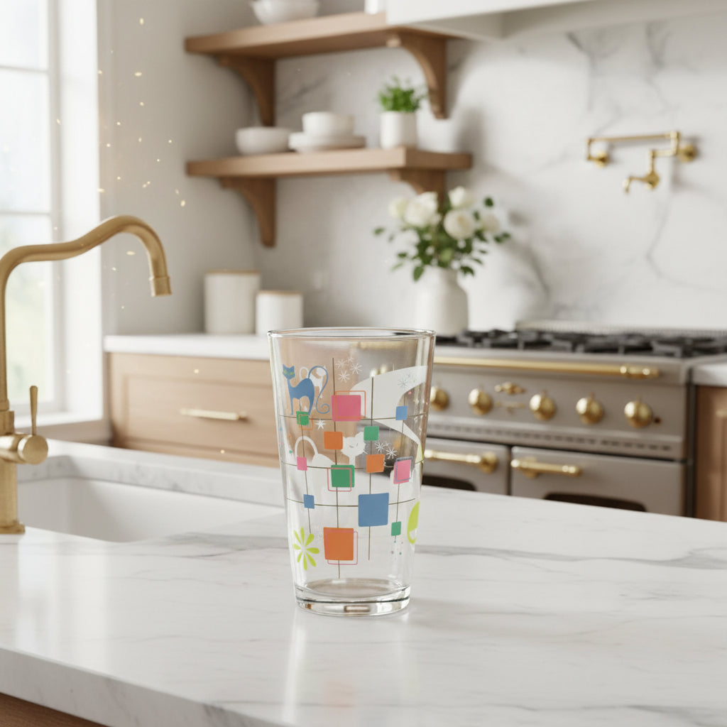 Clear glass tumbler with colorful geometric design on a white background