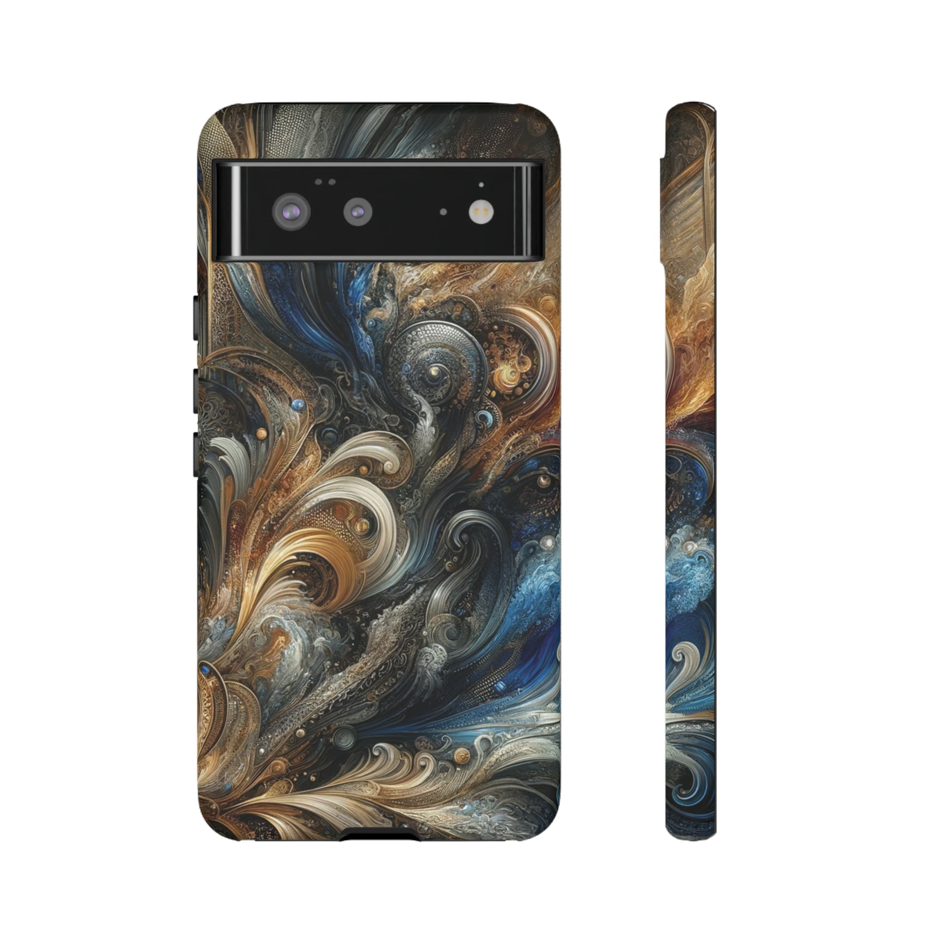 Gold and Navy Art Design Luxury Phone Tough Case Floral Elegant Durable Stylish for Modern Devices iPhone 15, Samsung iPhone Samsung Accessory Gift for Her.