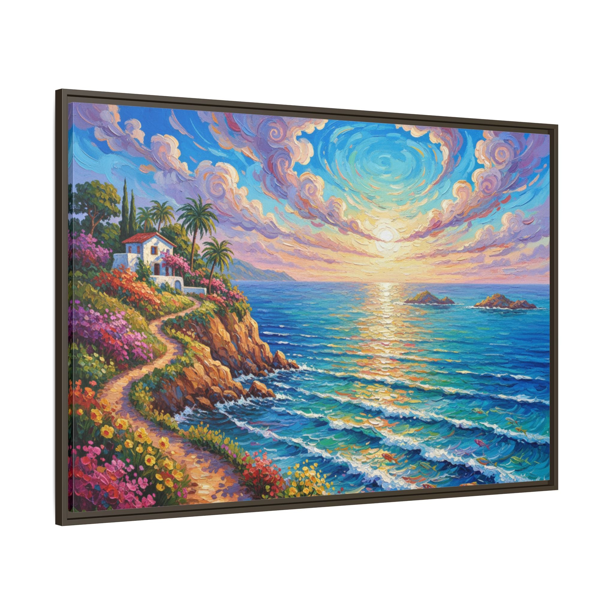Toile imprimée florale océanique | Décoration murale colorée et lumineuse de paysage marin, œuvre d'art de bureau encadrée et mate
