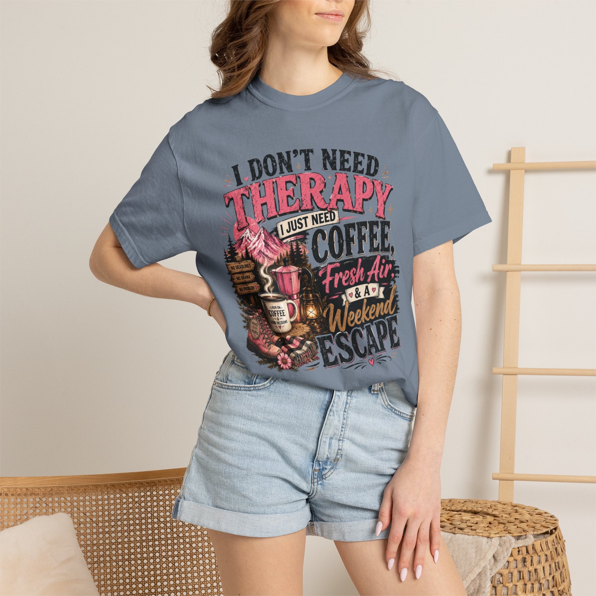 T-Shirt — “I Don’t Need Therapy, I Just Need Coffee, Fresh Air & A Weekend Escape” Vintage Coffee & Outdoors Tee