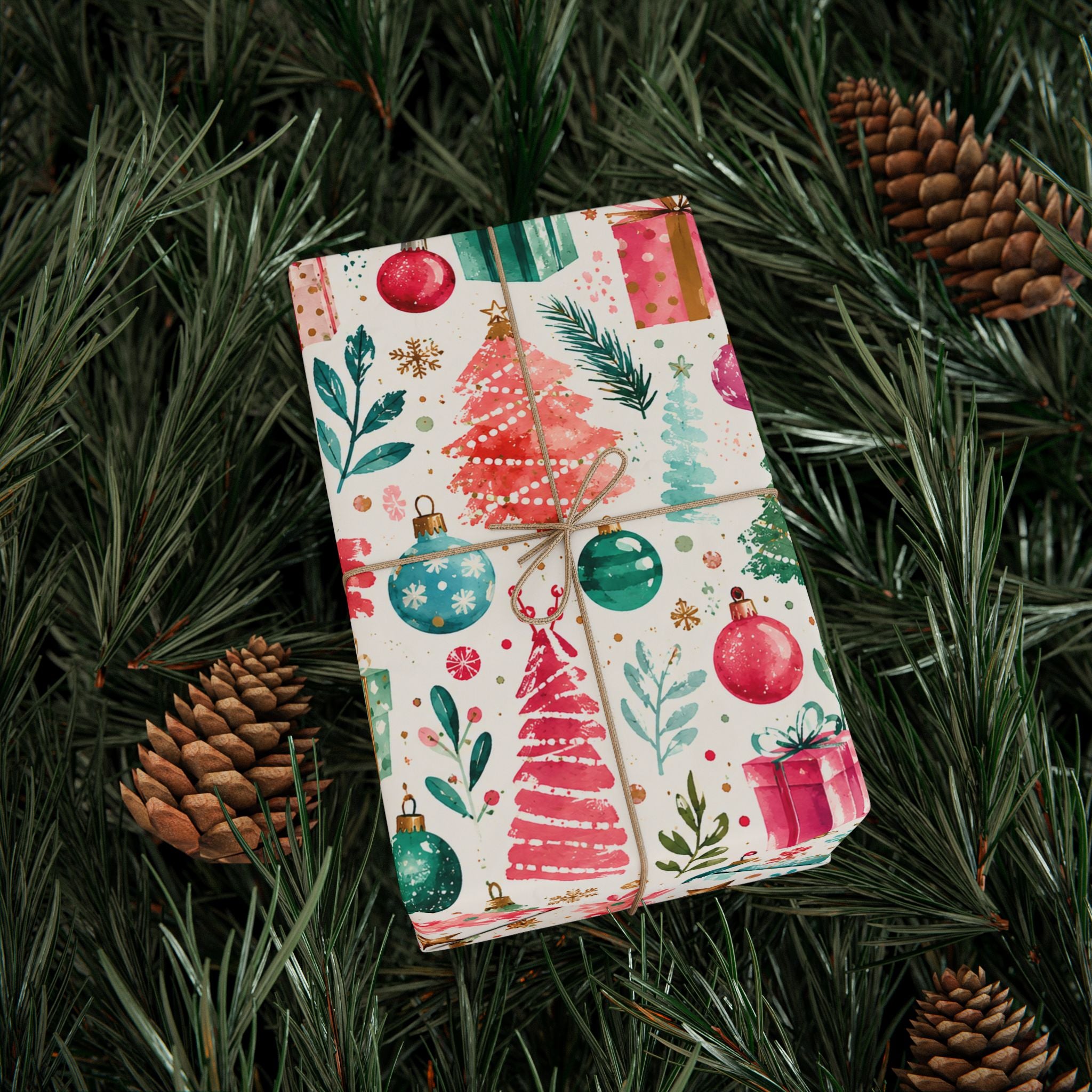 Festive Watercolor Christmas Wrapping Paper — Trees, Ornaments & Gifts Pattern