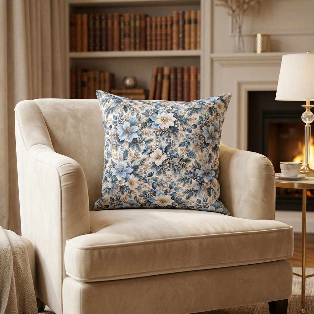 A square throw pillow featuring an all-over floral pattern in shades of blue, beige, and cream on a white background.