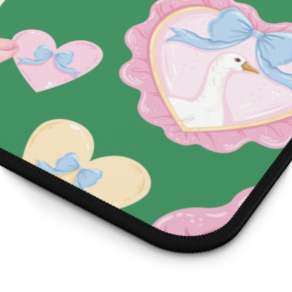 Silly Goose Green Desk Mat with Pastel Bows & Hearts Cozy & Stylish Desk Protector Desk Pad