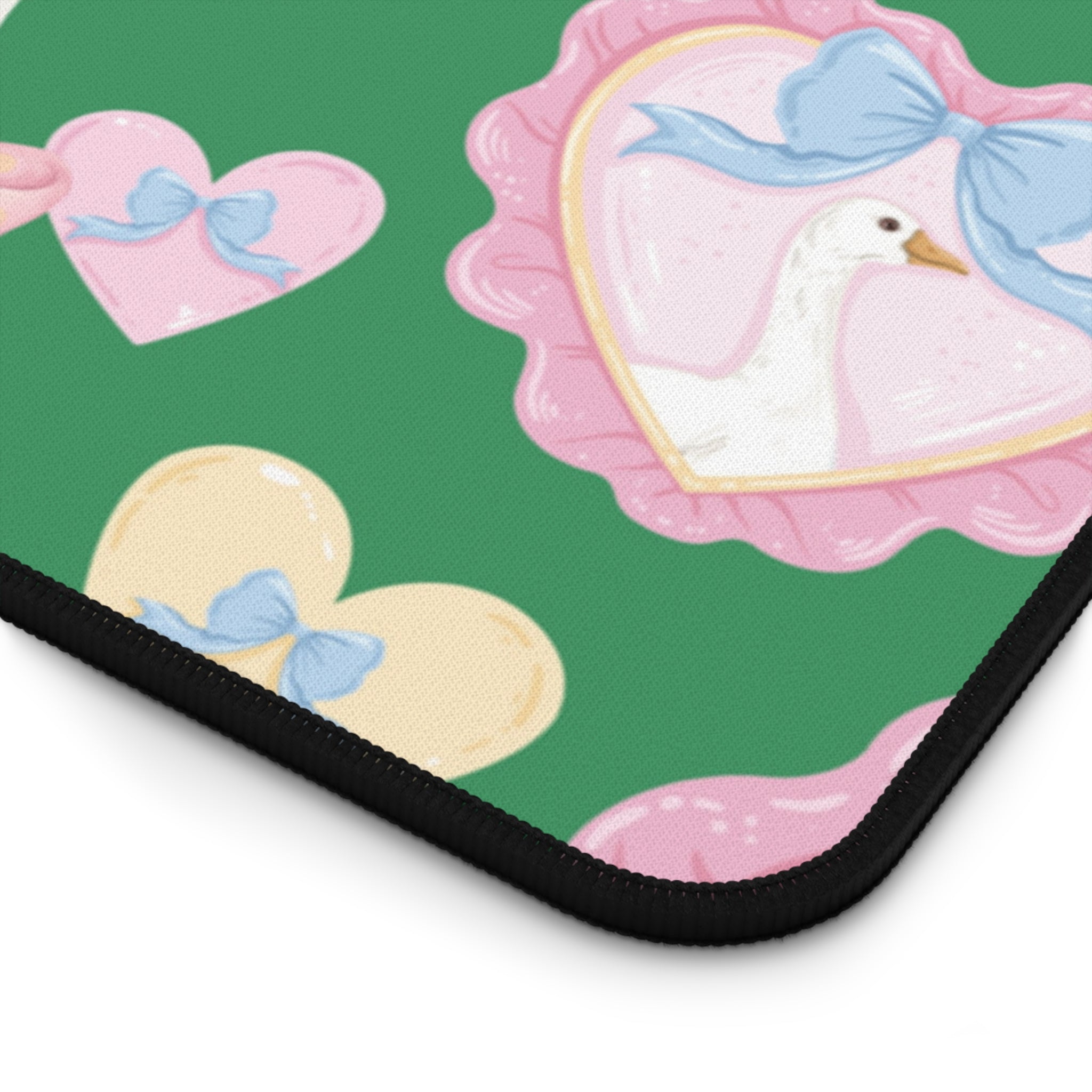 Silly Goose Green Desk Mat with Pastel Bows & Hearts Cozy & Stylish Desk Protector Desk Pad