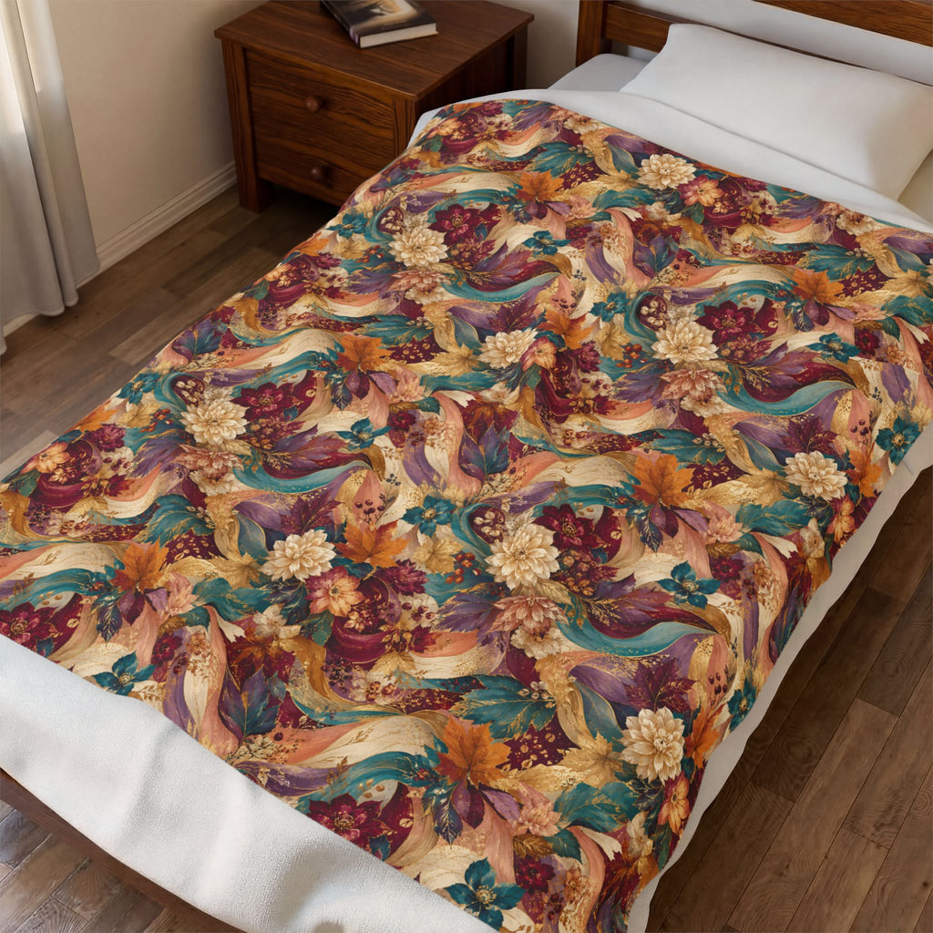 Autumn Floral Velveteen Plush Blanket Cozy Vintage  Throw Luxury Botanical Velveteen Plush Blanket Burgundy Teal Gold