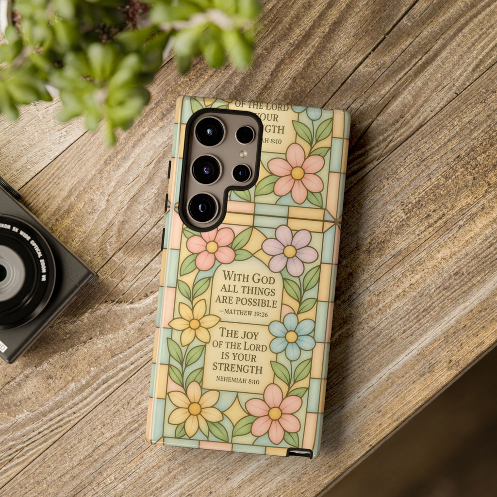 Pastel Stained Glass Bible Verse Phone Case Christian Affirmation Cover, Soft Geometric Design, iPhone Samsung Google, Faith Gift for Her Bible Verse or Affirmation | Protective, Inspirational Gift for Christians